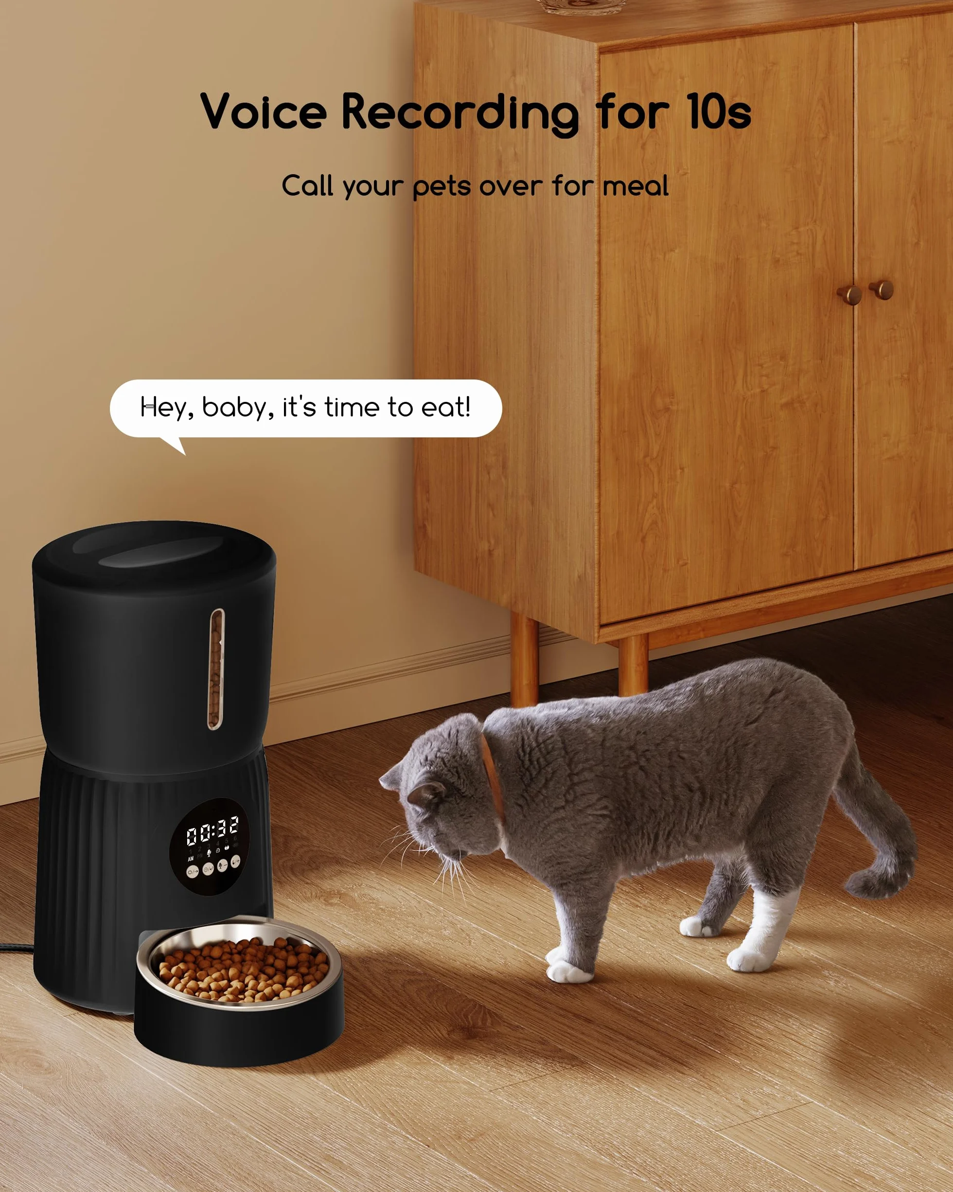 Distributore Automatico Cibo Gatti, Faroro 4L Dispenser Crocchette Gatto con 1-6 Pasti Al Giorno, Porzioni Regolabili, Voce 10s, Alimentazione Lenta (Nero)