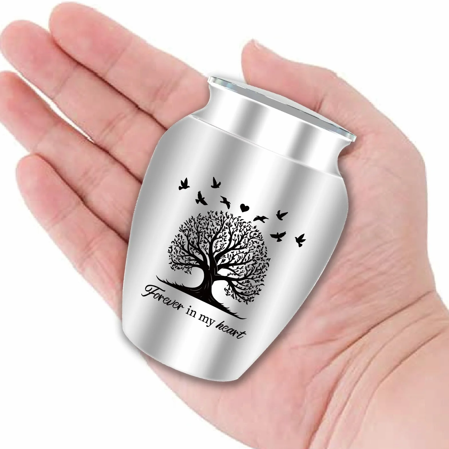 CREATCABIN Piccola Urna Ricordo Albero della Vita Mini Urna Ceneri Portacenere in Alluminio Cremazione Funebre Parola Incisa Sacchetto Velluto Regalo Commemorativo Mamma papà Famiglia 6.5x4.5cm