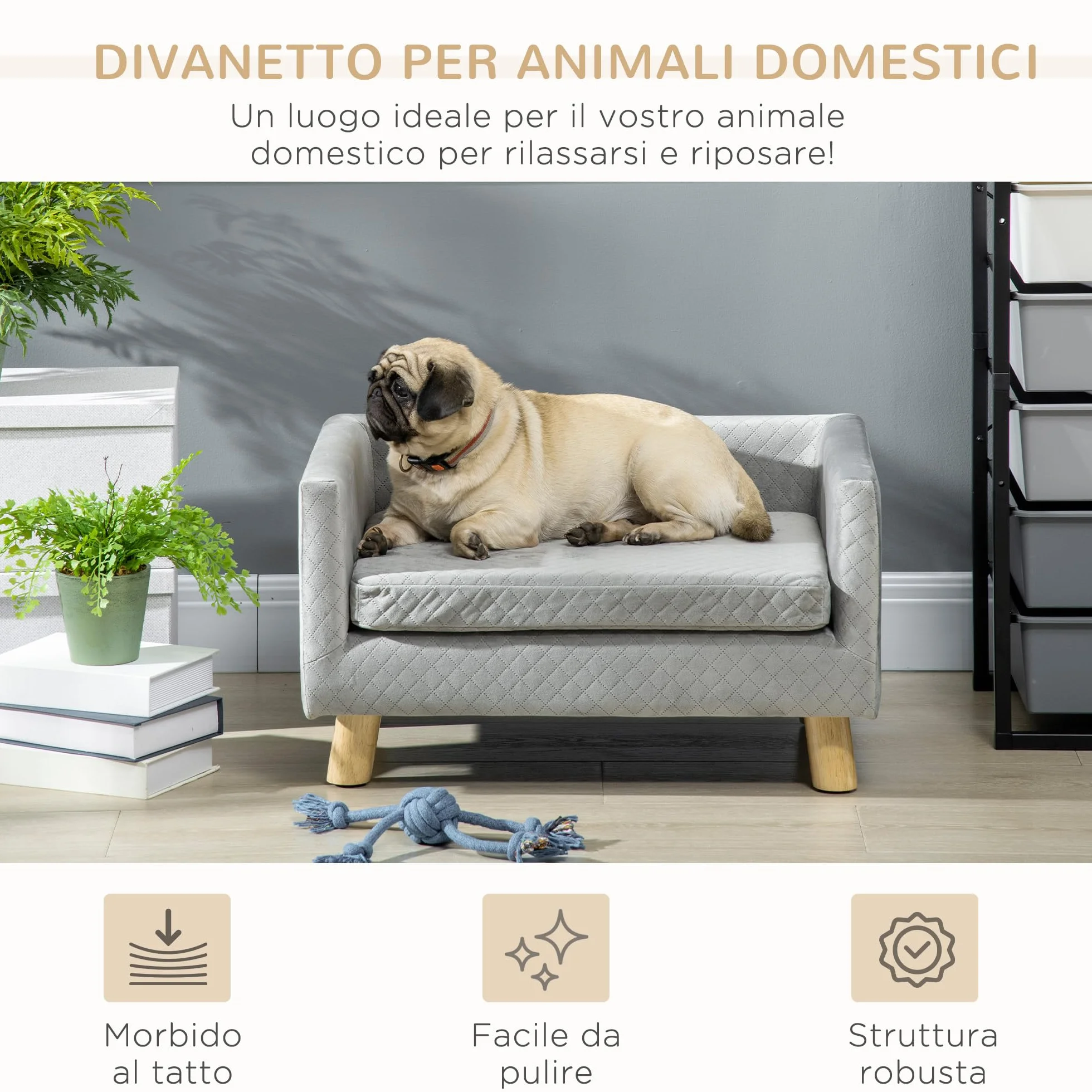 PawHut Divano per Cani e Gatti con Design Scandinavo e Cuscino Imbottito, Cuccia per Animali da Interno in Velluto e Legno, 64x45x36cm, Grigio