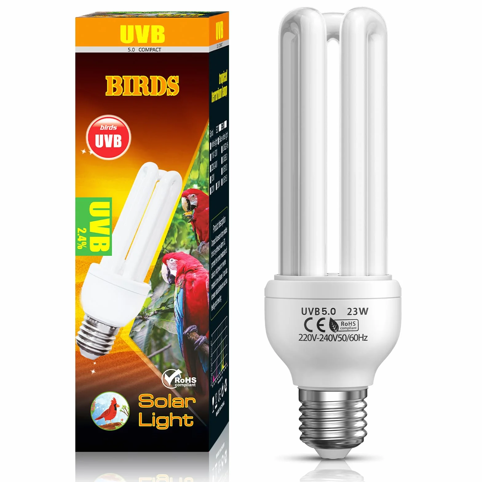 UVB 5.0 E27 23W Lampada Fluorescente Compatta per Uccelli, Pappagalli, Rettili