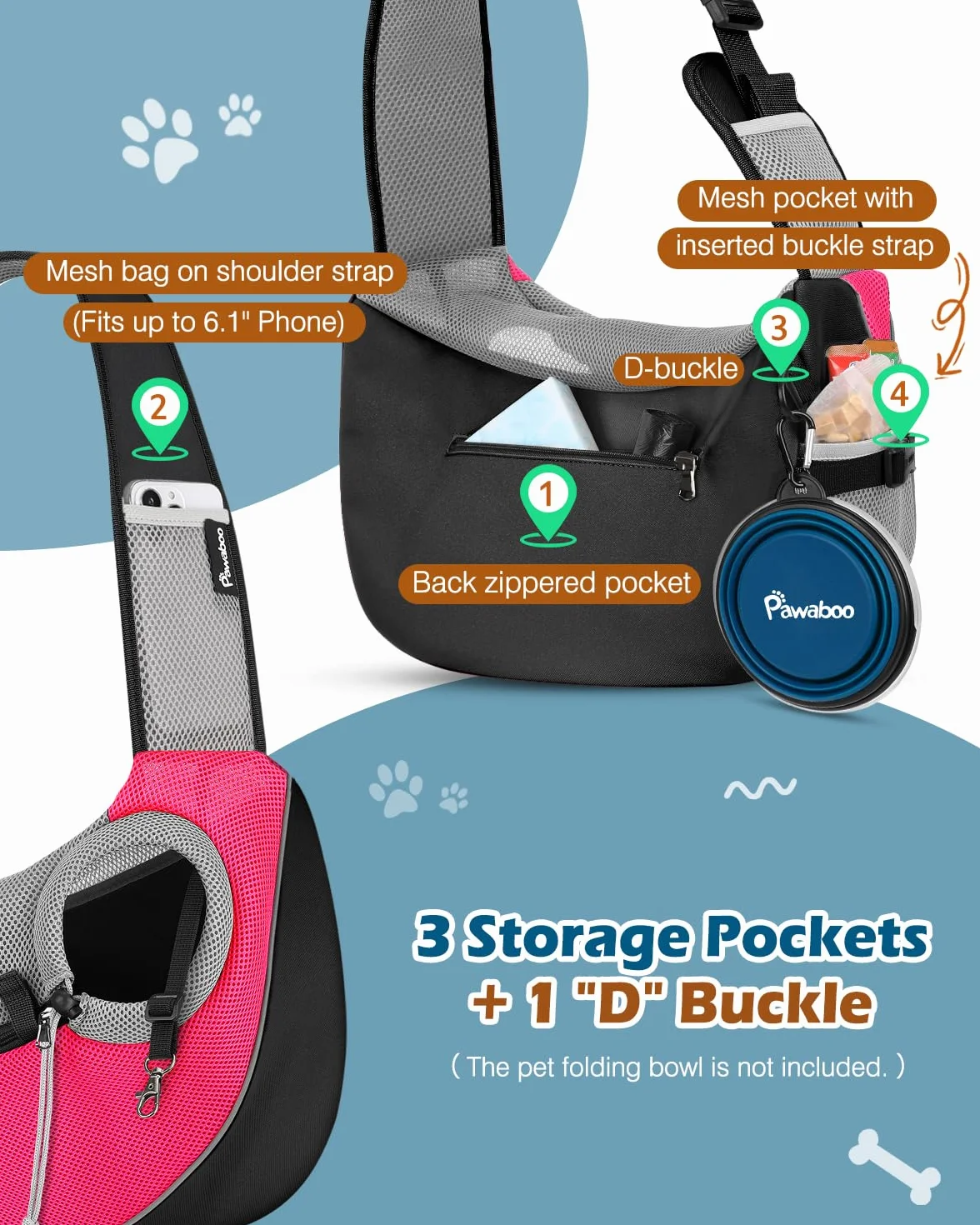 Pawaboo Marsupio per Cani, Marsupio Traspirante in Rete per Cuccioli che Lascia le Mani Libere, Marsupios per Cani con Tasca con Chiusura a Zip e Tracolla Regolabile, Borsa a Tracolla, M, Rosa