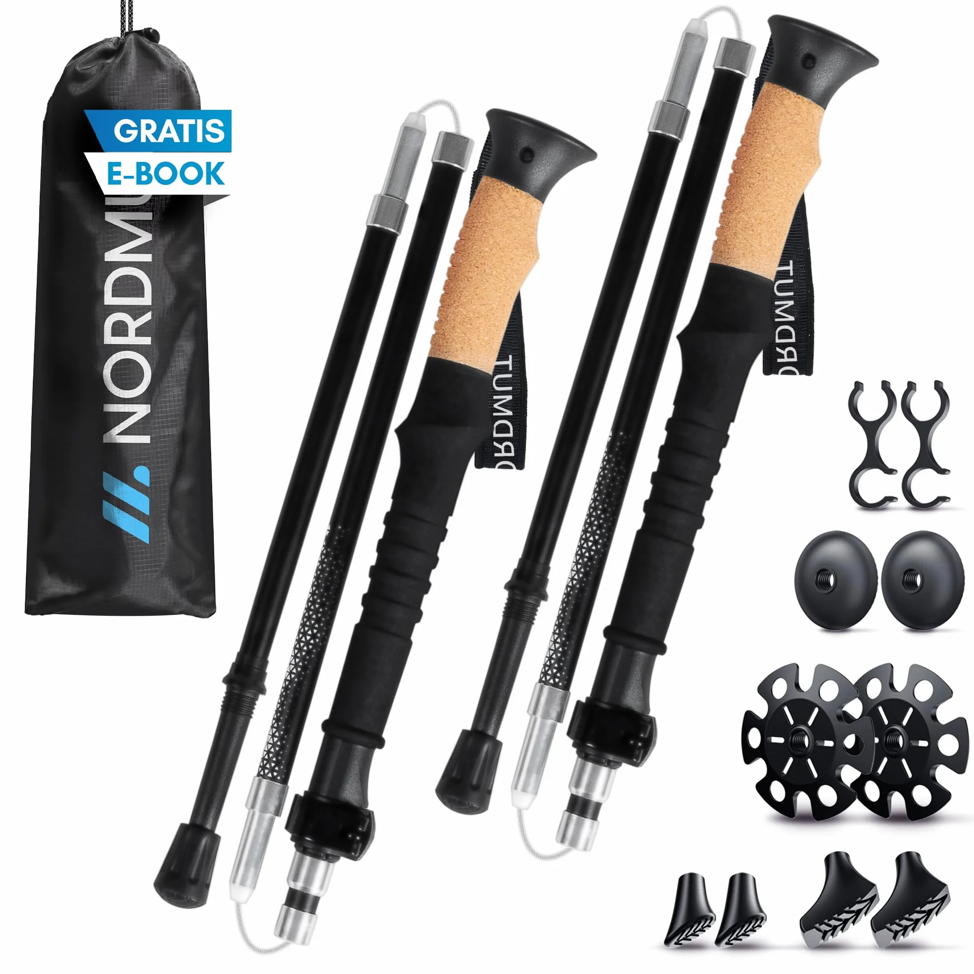 NORDMUT® Bastoncini da Trekking Pieghevoli in Alluminio o Carbonio Ultra-leggeri – da 1,50 m o 1,65 m – con Impugnature Ergonomiche – Trekking Robustissimi e Compatti