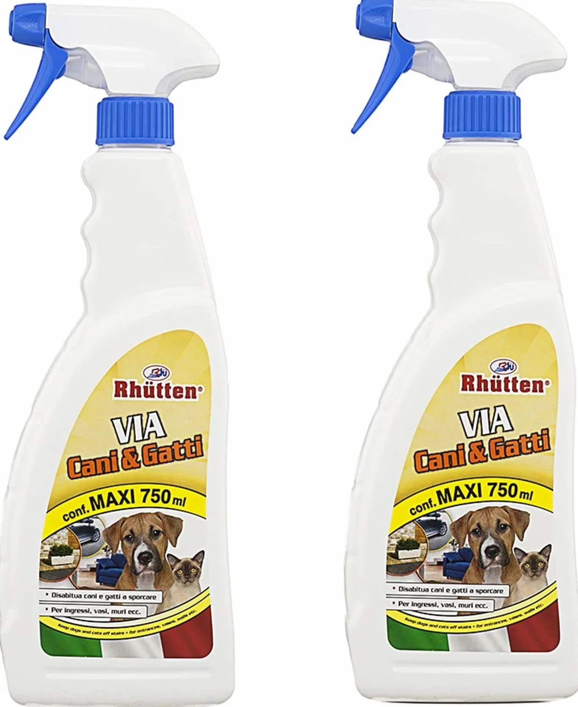 Rhutten 2 x Spray Repellente Via Cani e Gatti 750 ml- per Educare Disabituare Animali Domestici o Randagi - Uso Interno Esterno