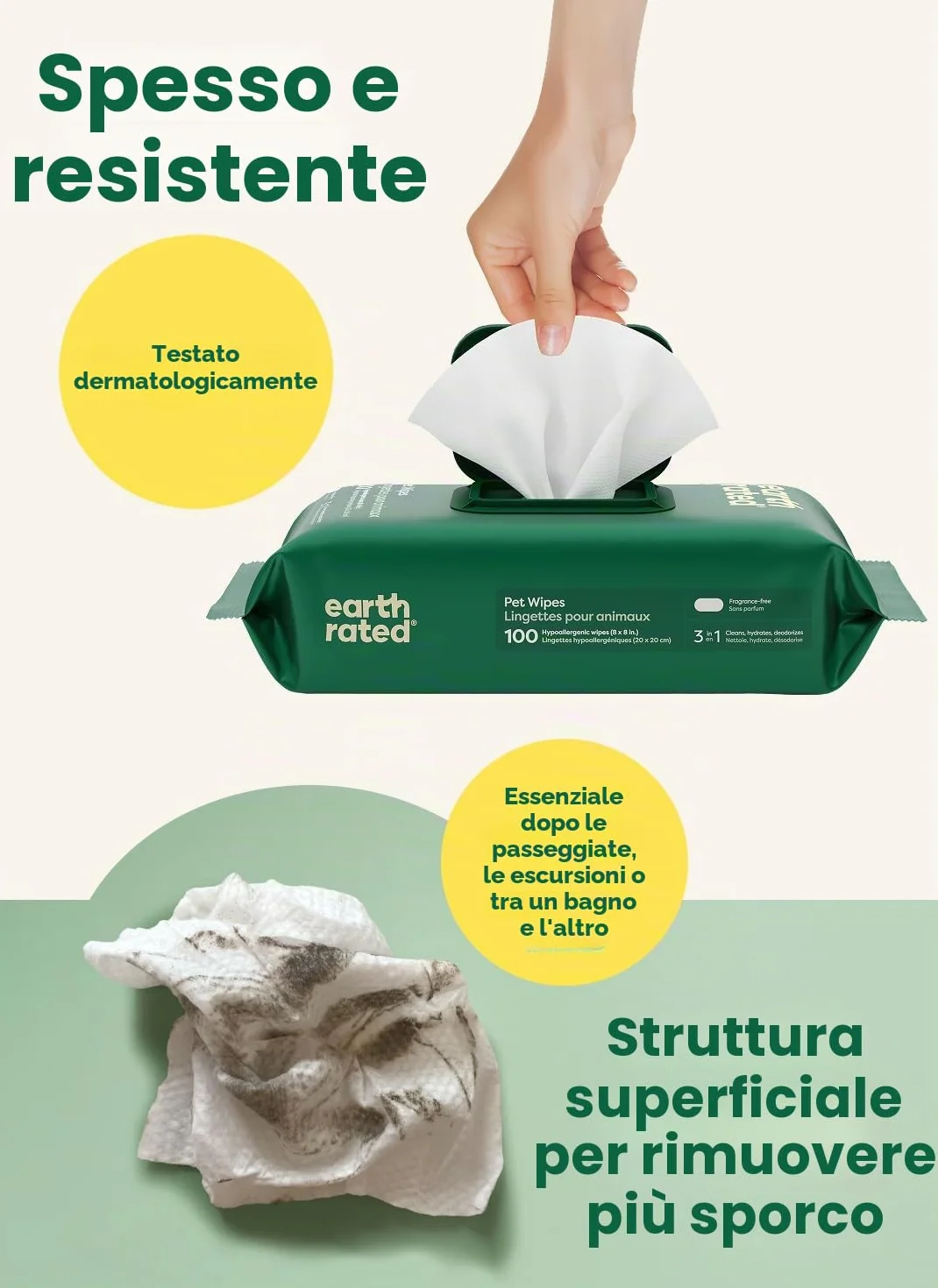 Earth Rated Salviette ipoallergeniche per Cani, puliscono ed eliminano Gli odori da Zampe, Corpo e Sedere, Senza Profumo, 100 Pezzi
