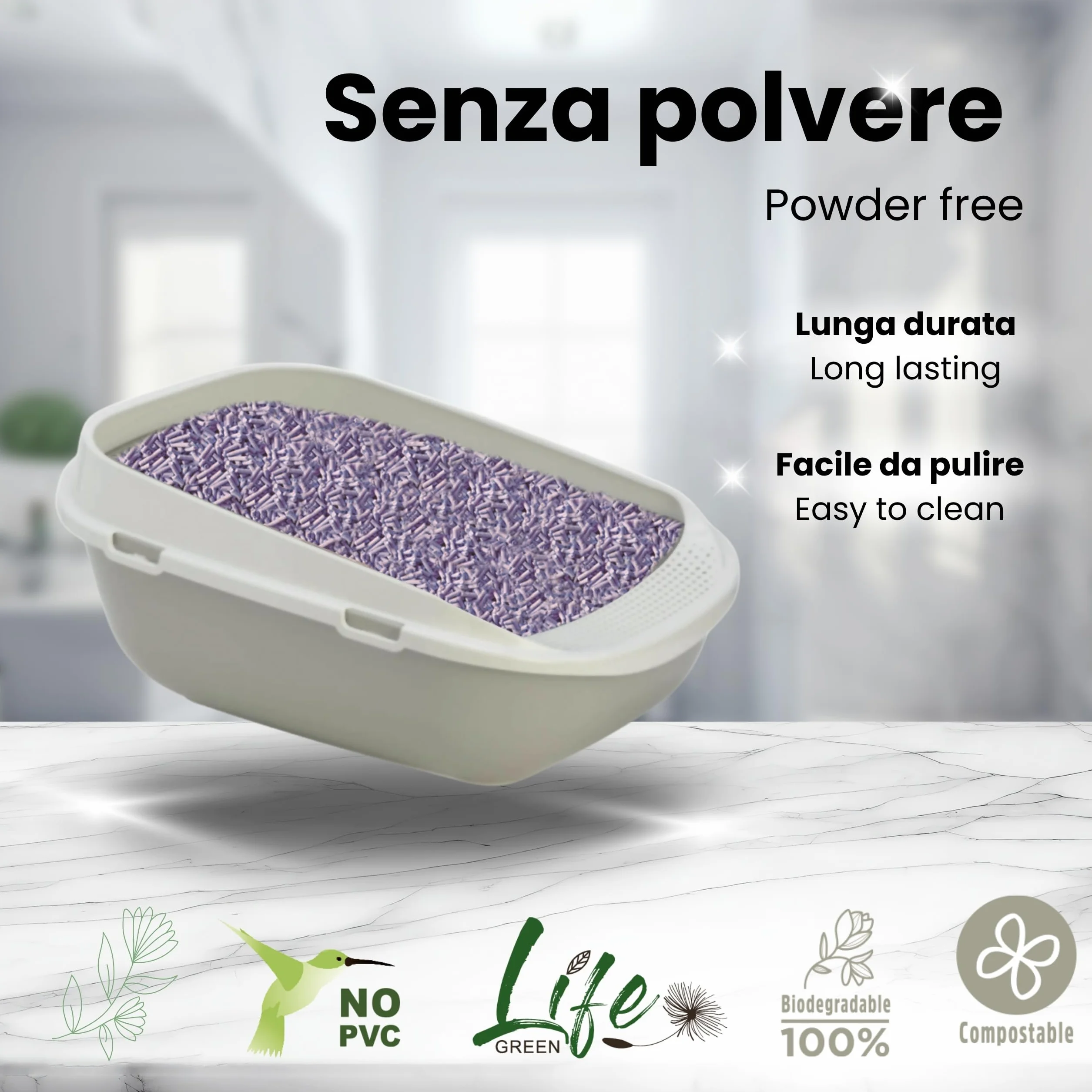Lettiera Naturalissima per gatti 2 kg Lavanda, con Fibra di Pisello e Amido di Mais, Vegetale, Biodegradabile, Agglomerante 3.8L, Elimina odori