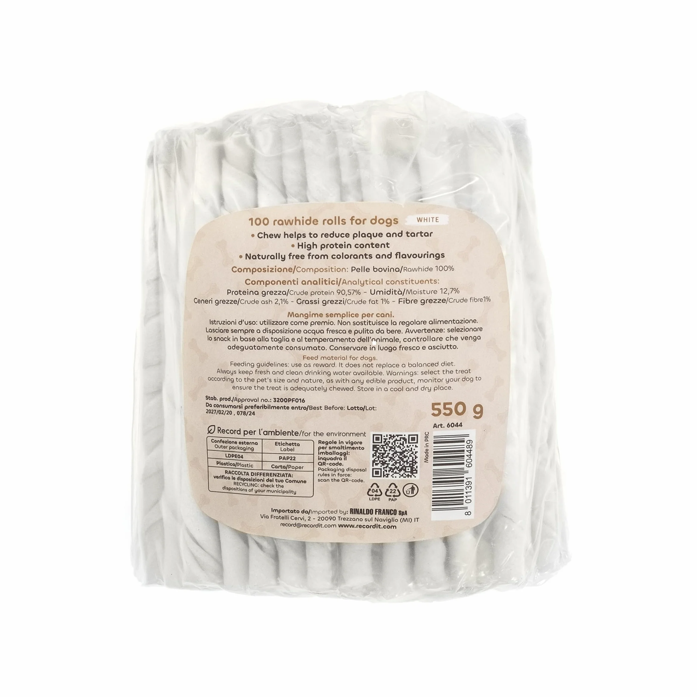 Record - Snack per Cani Stick Termoretratti in Pelle Bovina. Masticativi per Cani Proteici e Naturali, ideali per la Salute Gengivale. Realizzati con Essicazione Naturale | 100 stick Bianchi, 550 gr