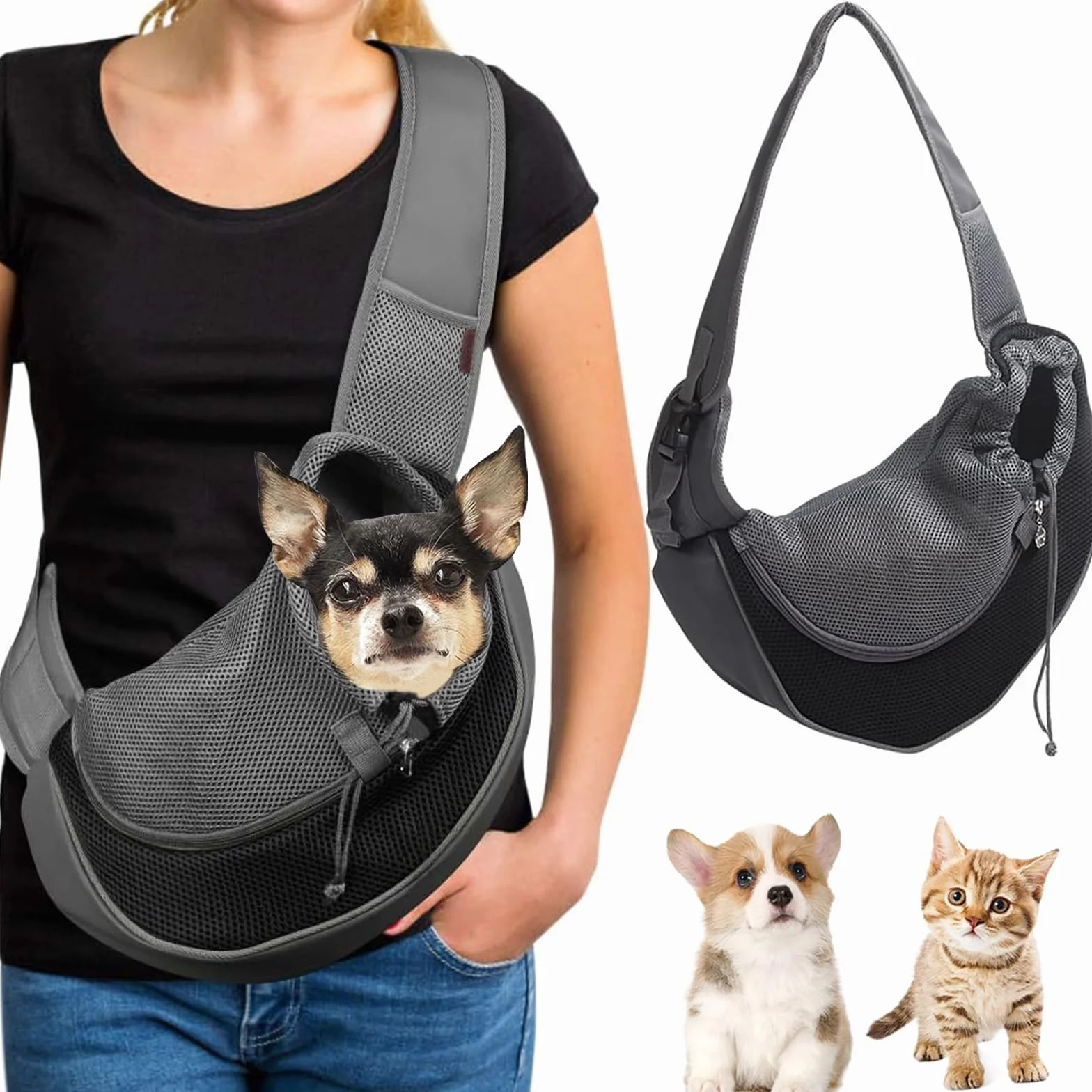 Borsa per Cani con Tracolla Regolabile - Marsupio in Rete Traspirante per Trasporto e Passeggio, Ideale per Cani o Gatti Piccola (Nero)