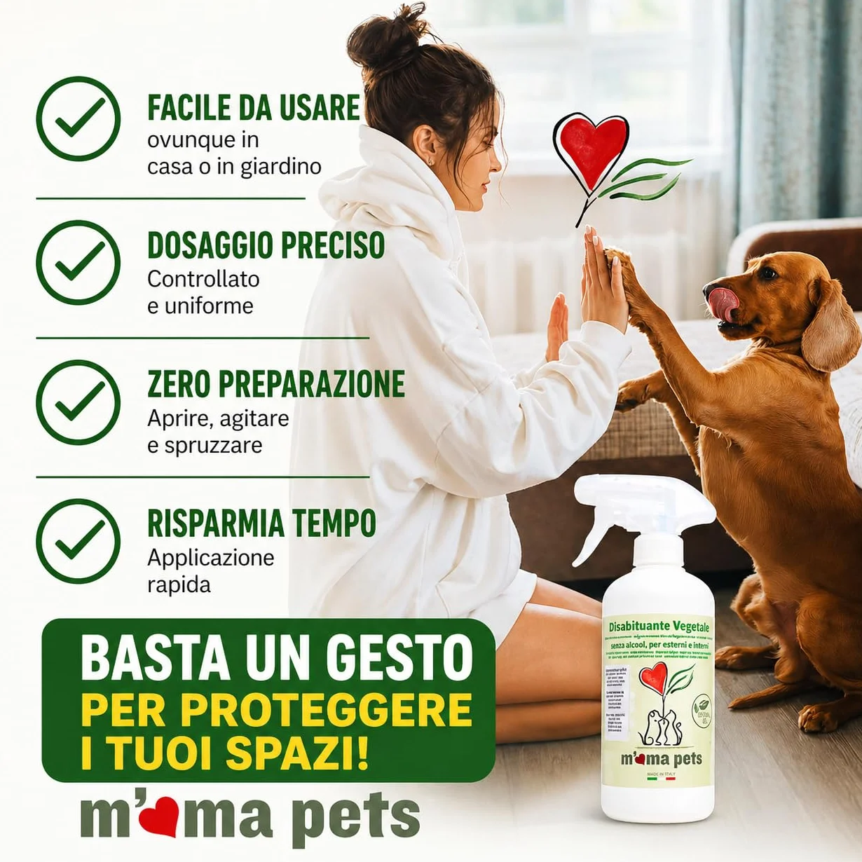 M' MA PETS Repellente Disabituante per Cani e Gatti 100% Naturale, Made in Italy - Spray Anti Urina Uso Interno ed Esterno – Formula Green a Base Vegetale Senza Alcool - 500ml