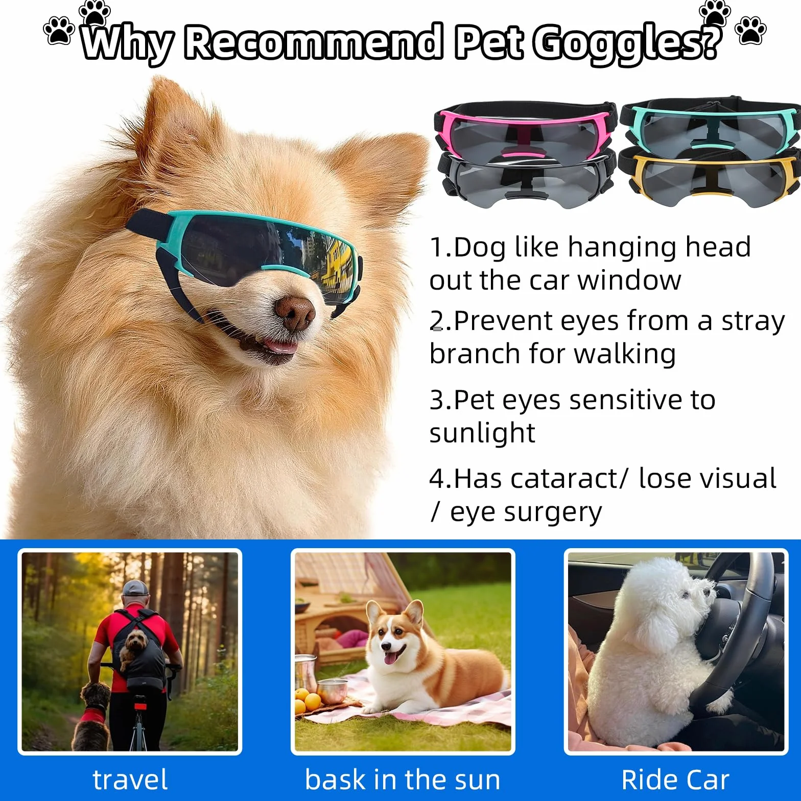Occhiali da neve estivi, occhiali da sole per cani di piccola taglia, protezione dagli occhi, protezione UV per cani, occhiali da sole, anti-appannamento, per moto, canestro convertibile (rosa)