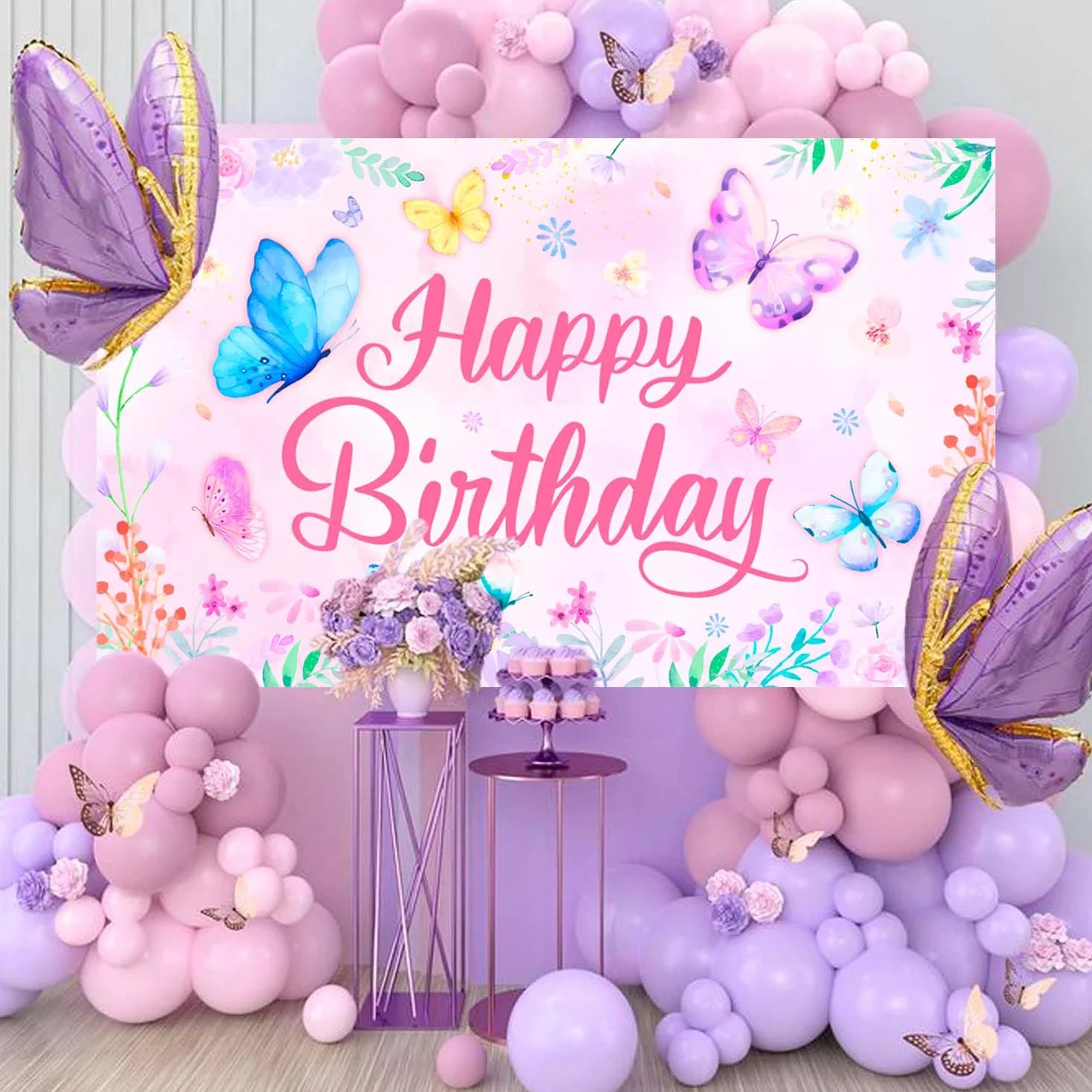 Farfalla Buon Compleanno Sfondo, 71'' x 43'' Sfondo Floreale e Farfalla Festa di Compleanno per Decorazione di Compleanno a Forma di Farfalla