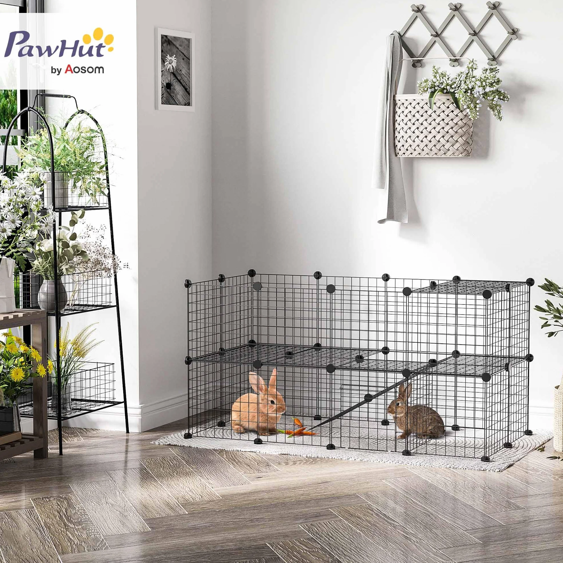 PawHut Recinto in Metallo per Piccoli Animali Domestici con 36 Pannelli di Metallo da Montare Secondo Forma e Configurazione che Preferisci e con Porta