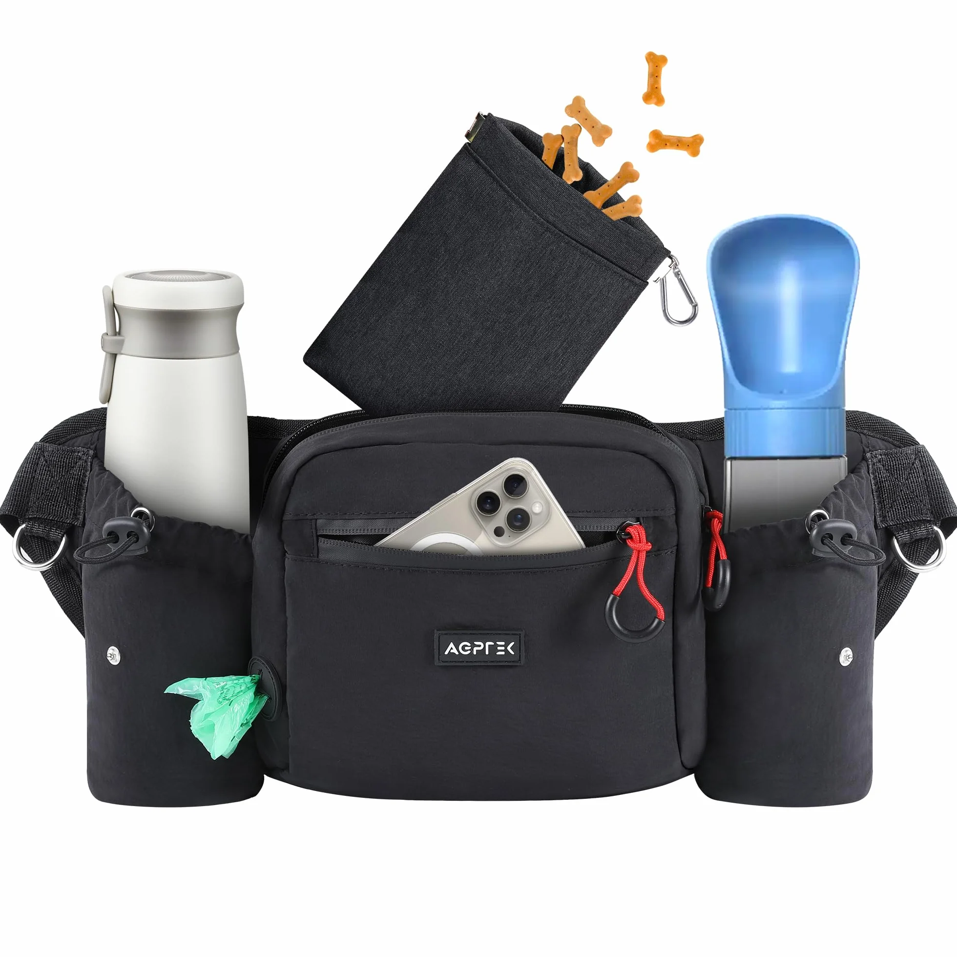 AGPTEK Marsupio per Cani con Borsa Snack Rimovibile, Impermeabile, Alta capacità, Portaborraccia, Dispenser Sacchetti Igienici, per Addestramento e Passeggiate, Nero