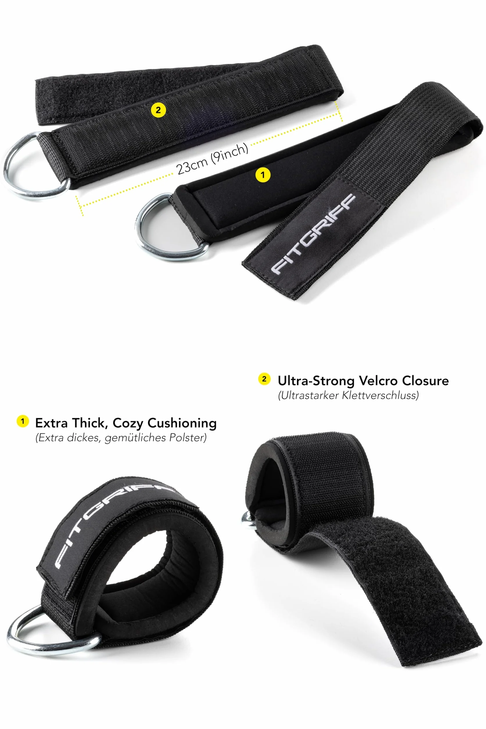 Fitgriff® Cavigliere Cavi Palestra V2 (2 Pezzi)- Attrezzi Fitness da Donna e Uomo per Kick Back, Allenamento dei Glutei, Leg Curl - Ankle Straps Gym