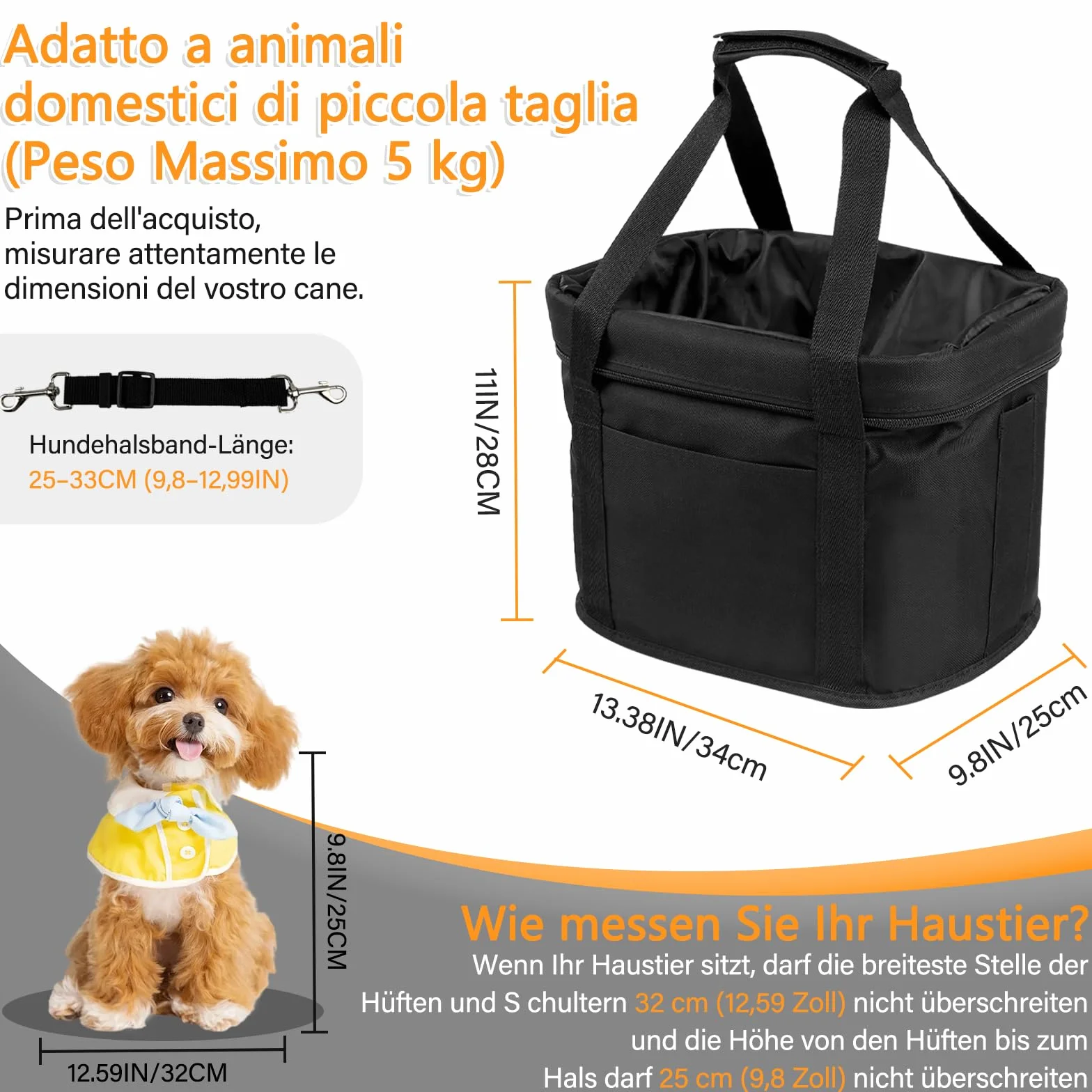 Cestino anteriore per bicicletta pieghevole, impermeabile, per animali domestici, con telaio in alluminio, per cani piccoli, shopping, viaggi (nero)