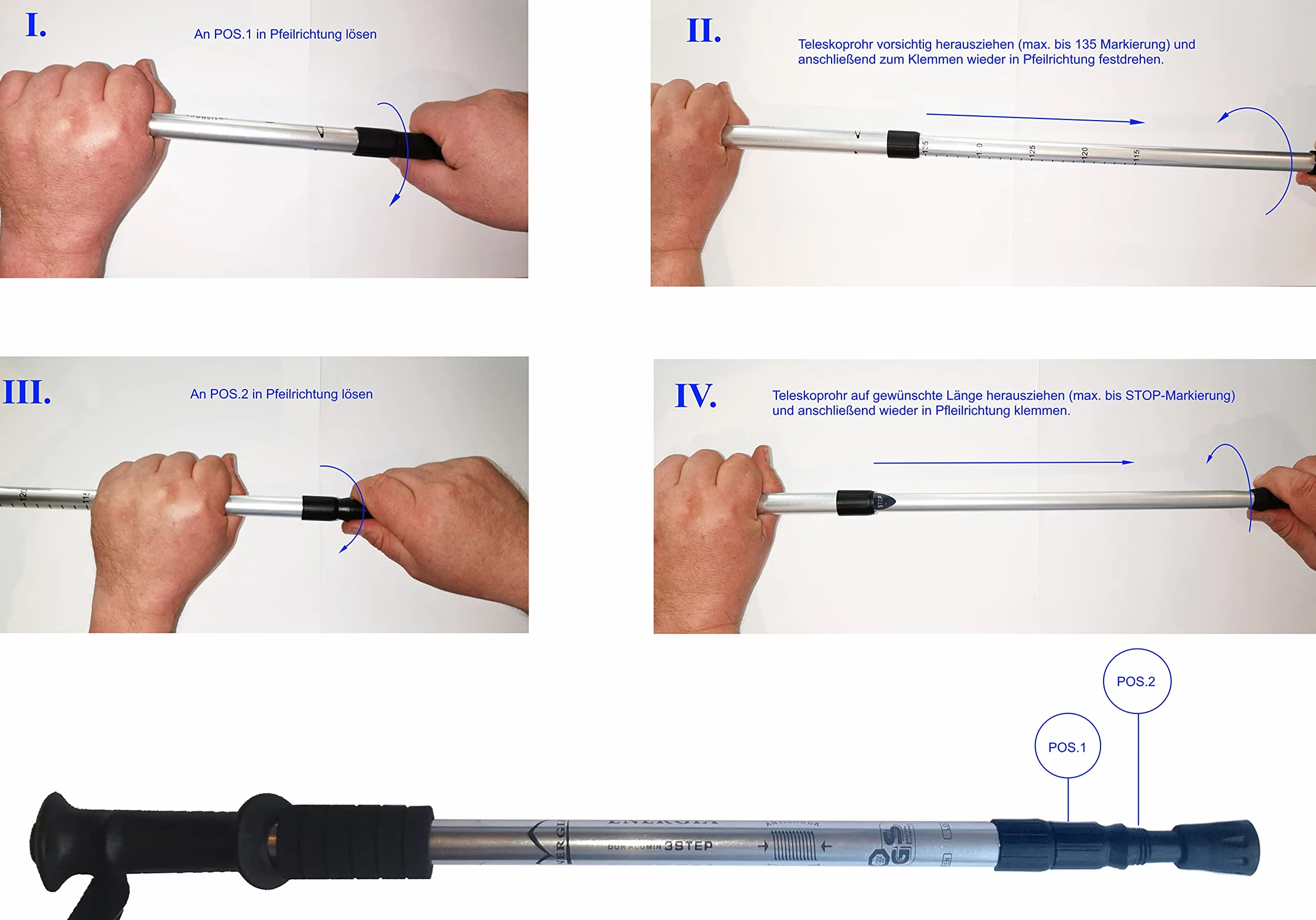 Bastoni da Nordic Walking 100-135 cm regolabili leggeri lega alluminio blu nero