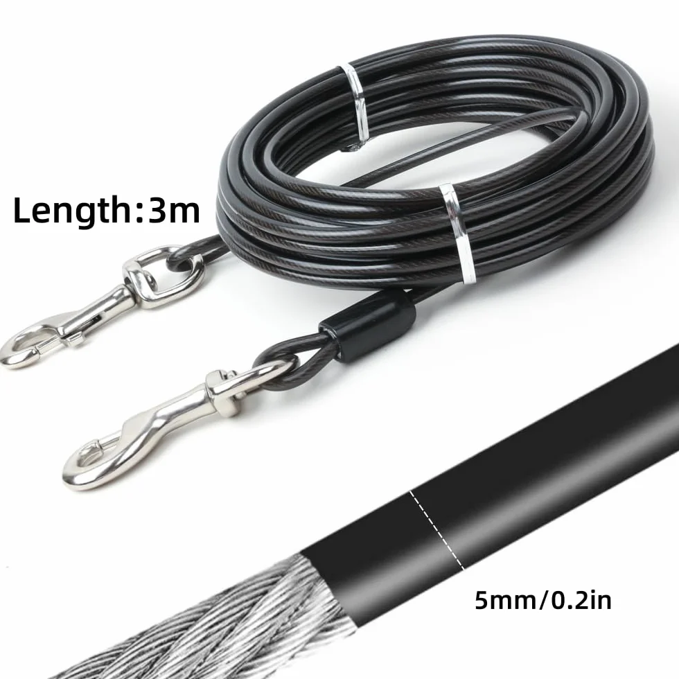 Cavo di sicurezza per cani da 3 m, resistente, per cani, campeggio, picnic, colore: nero