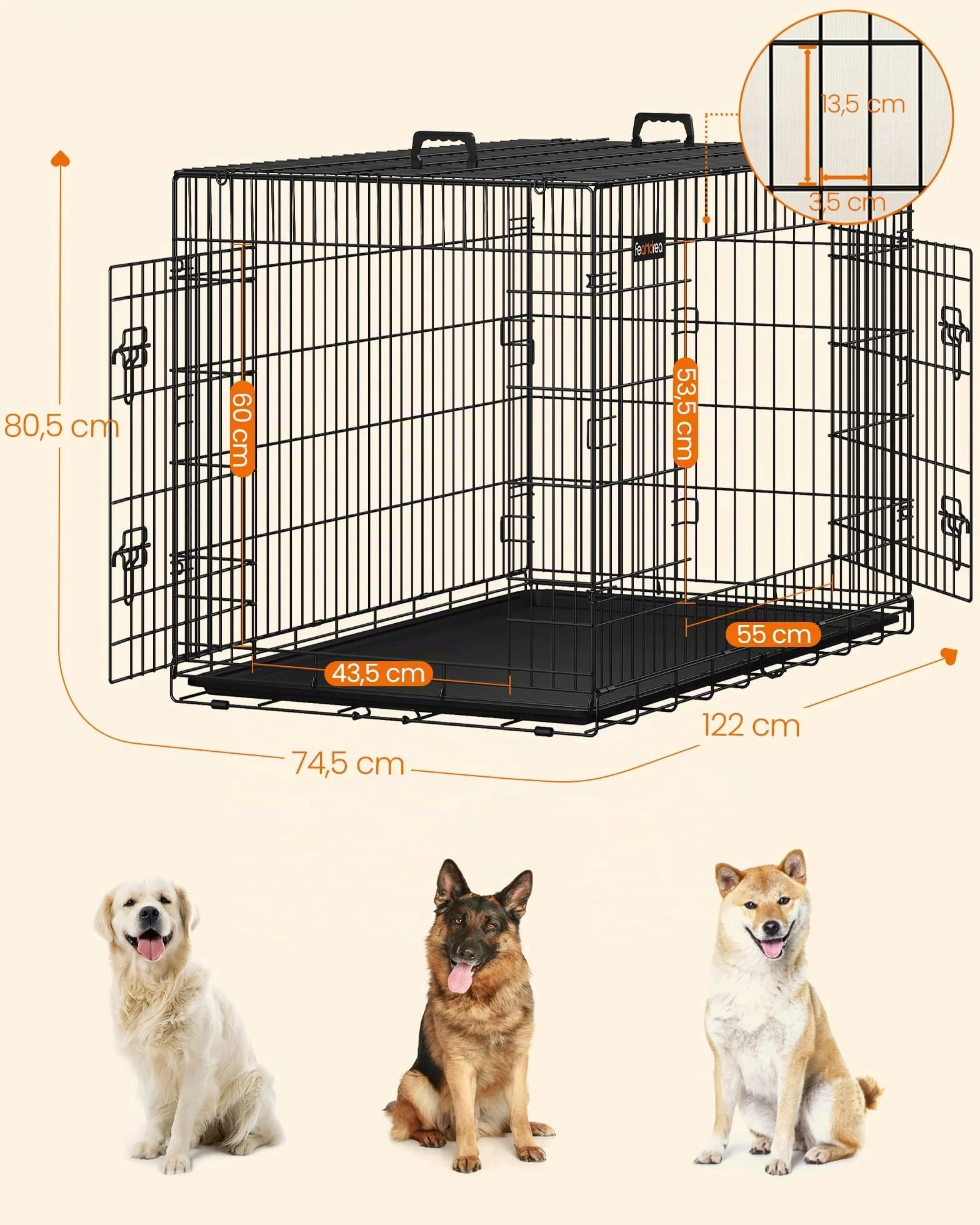 Feandrea Gabbia per Cani Pieghevole XXL 122x74,5x80,5 cm Nero PPD48H