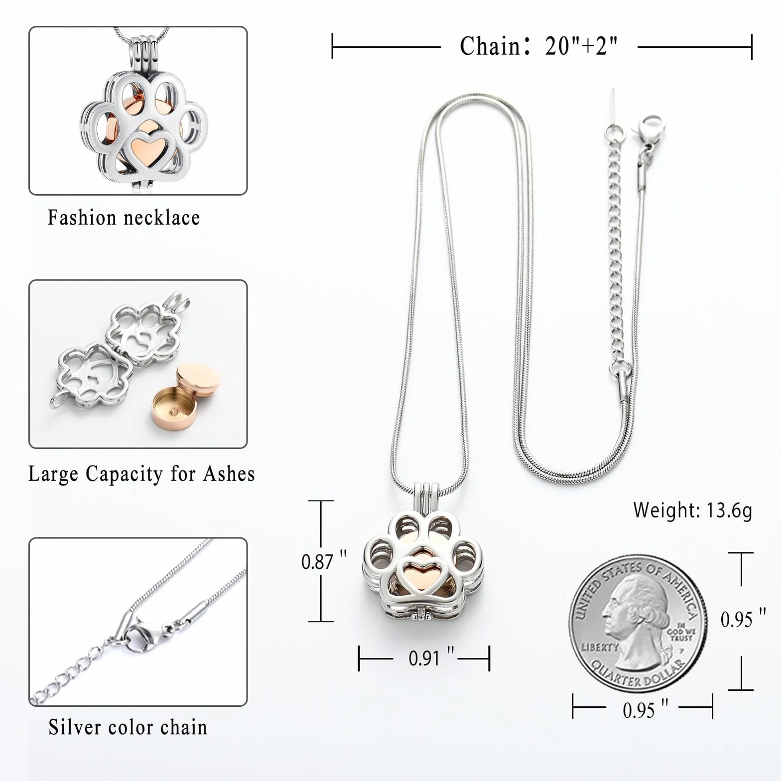 Ceneri per animali domestici per cane/gatto zampa in acciaio inox Memorial Locket Urna collana all'interno Mini caso Keepsake cremazione gioielli donna uomo