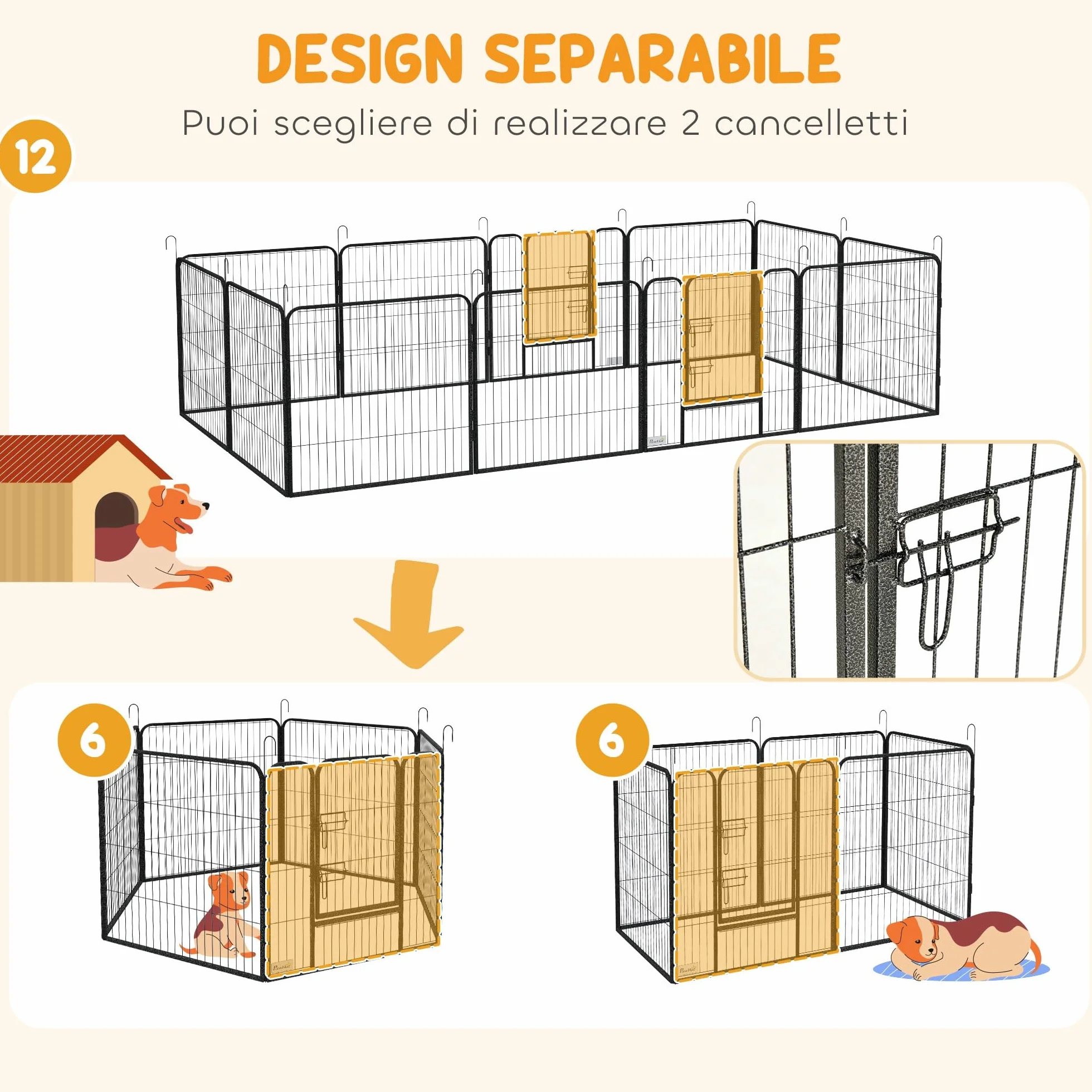 PawHut Recinto per Cani 12 Pannelli Modulabili 80x1.5x80 cm Box Pieghevole con Porta in Acciaio Grigio