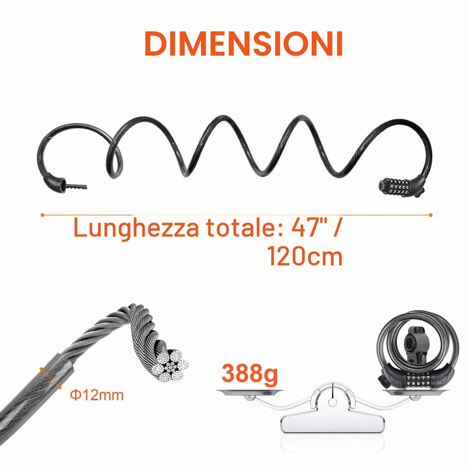 GRIFEMA GA1203-12 Lucchetto per bicicletta antifurto con combinazione di 5 cifre per biciclette, moto, scooter, 120 cm, nero