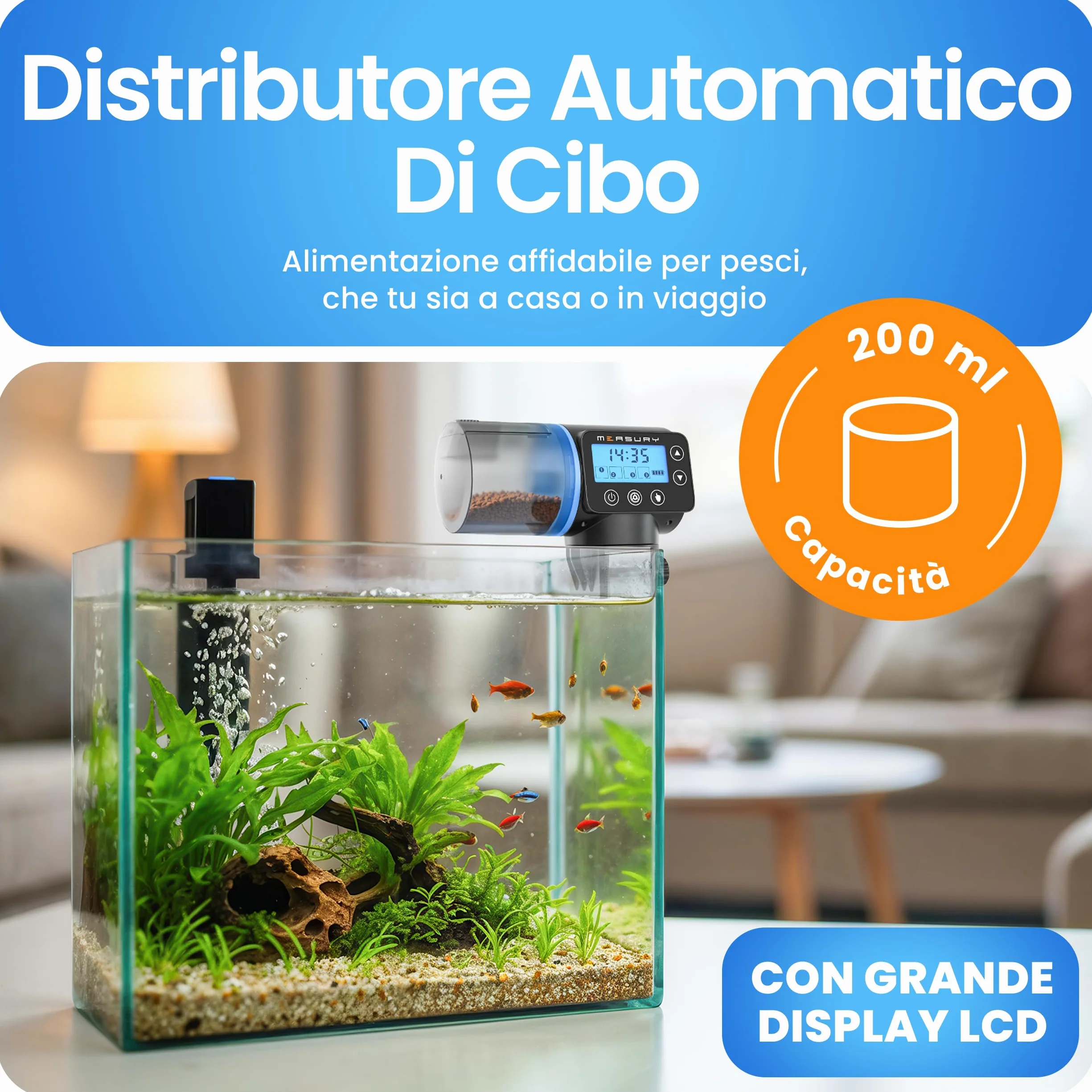 Mangiatoia automatica acquario di Measury, Dispenser mangime pesci automatico - fino a 4 volte al giorno, Distributore automatico cibo pesci