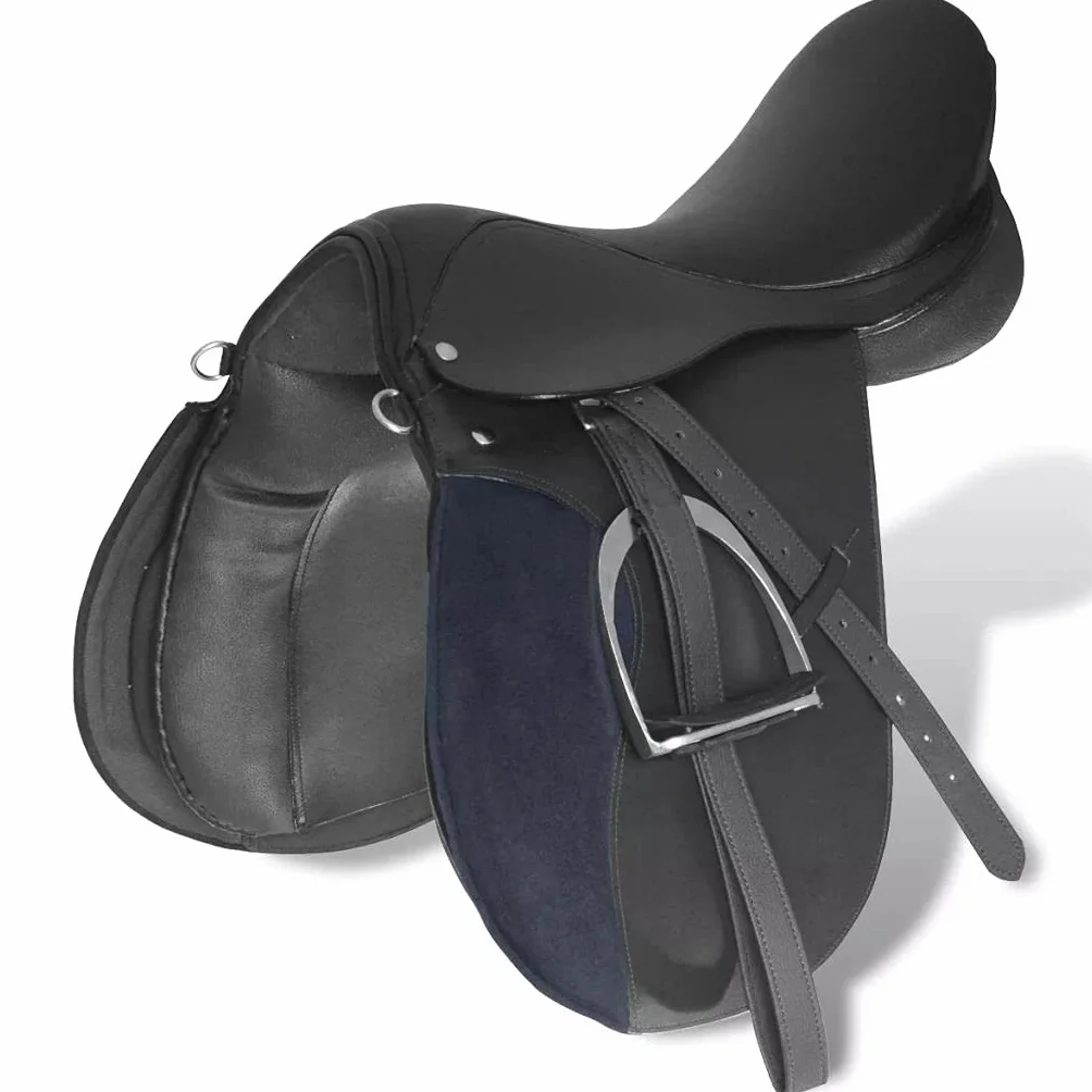 SKM Set Sella Equitazione 17,5" in Pelle Sella Cavallo Set con Una Coperta per Sella, Staffe, Una Cinghia di Staffa ed Una Sottopancia Naturale Nera 18 cm 5-in-1
