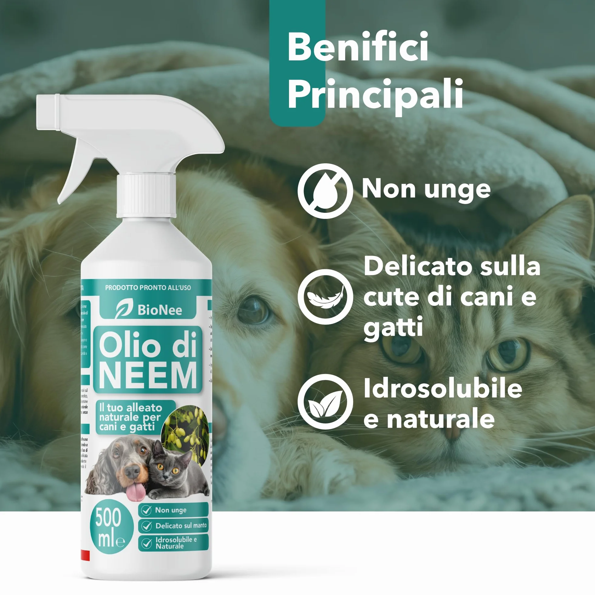 Olio di Neem per Cani e Gatti Spray 500 ml – Idrosolubile, Naturale, Non Unge – Azione Delicata, Effetto Barriera Sgradito a Zecche Pulci Zanzare Insetti
