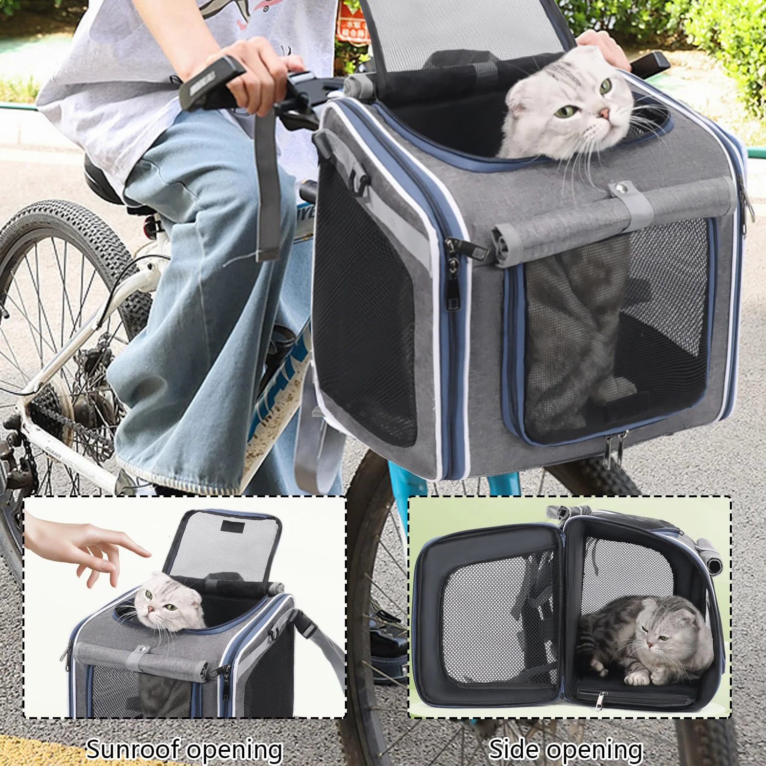 Cestino Anteriore Bici Staccabile, Cestino da Bici Anteriore per Cani Gatti fino a 10KG Adattatore Manubrio Multiuso con Finestre in Rete Traspirante Cuscino Impermeabile per Trasporto Cani e Gatti