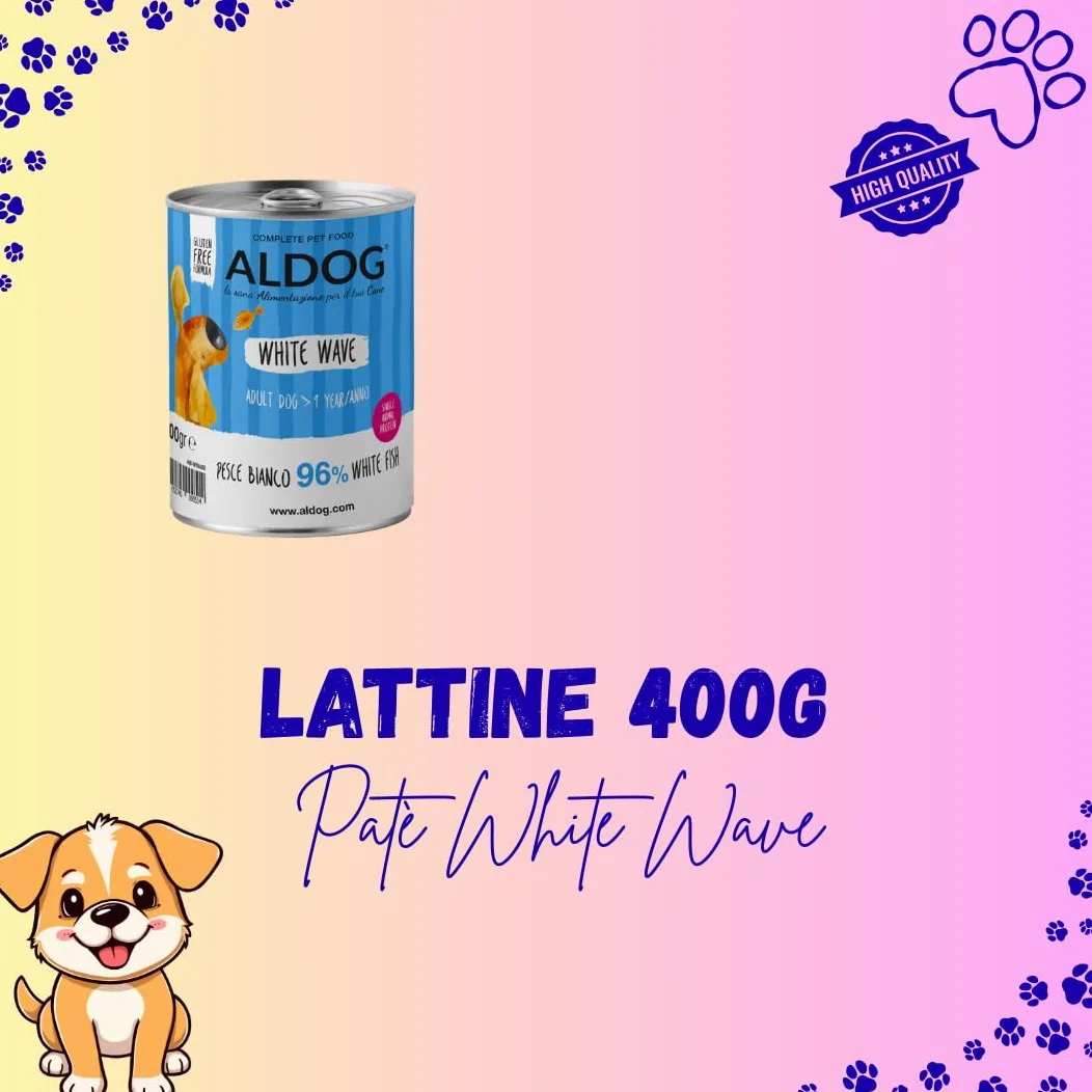 Cane Aldog Lattine di Umido per Cani, alimento per cani adulti di tutte le taglie e razze, N. PATE ALDOG WHITE WAVE, 6 lattine da 400gr, 6x400gr.