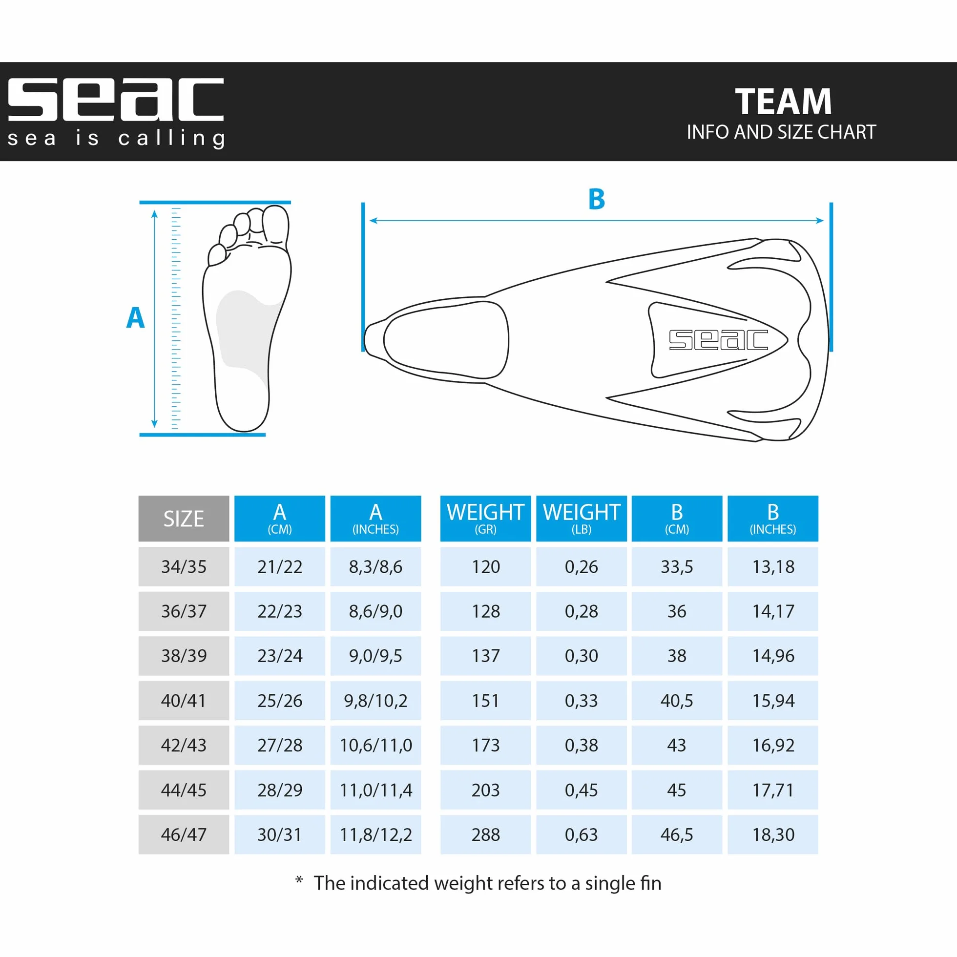 Seac Team Pinne Corte Nuoto Snorkeling Adulti Bambini