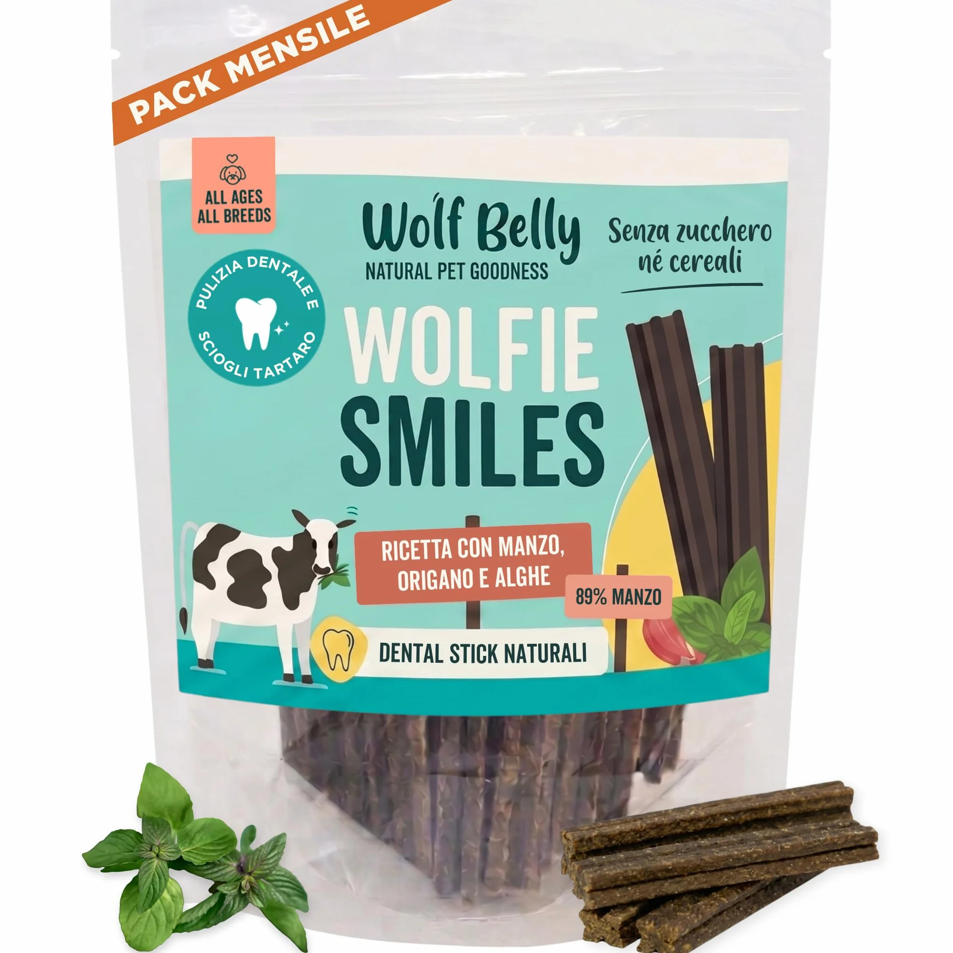 Wolf Belly - Dental Stick per Cani Naturali (28 pz) 89% Manzo Senza Cereali | Igiene Dentale & Alito Fresco | Ascophyllum Nodosum | Delizioso Sapore di Carne | Ricco di Proteine - Prodotto in Europa
