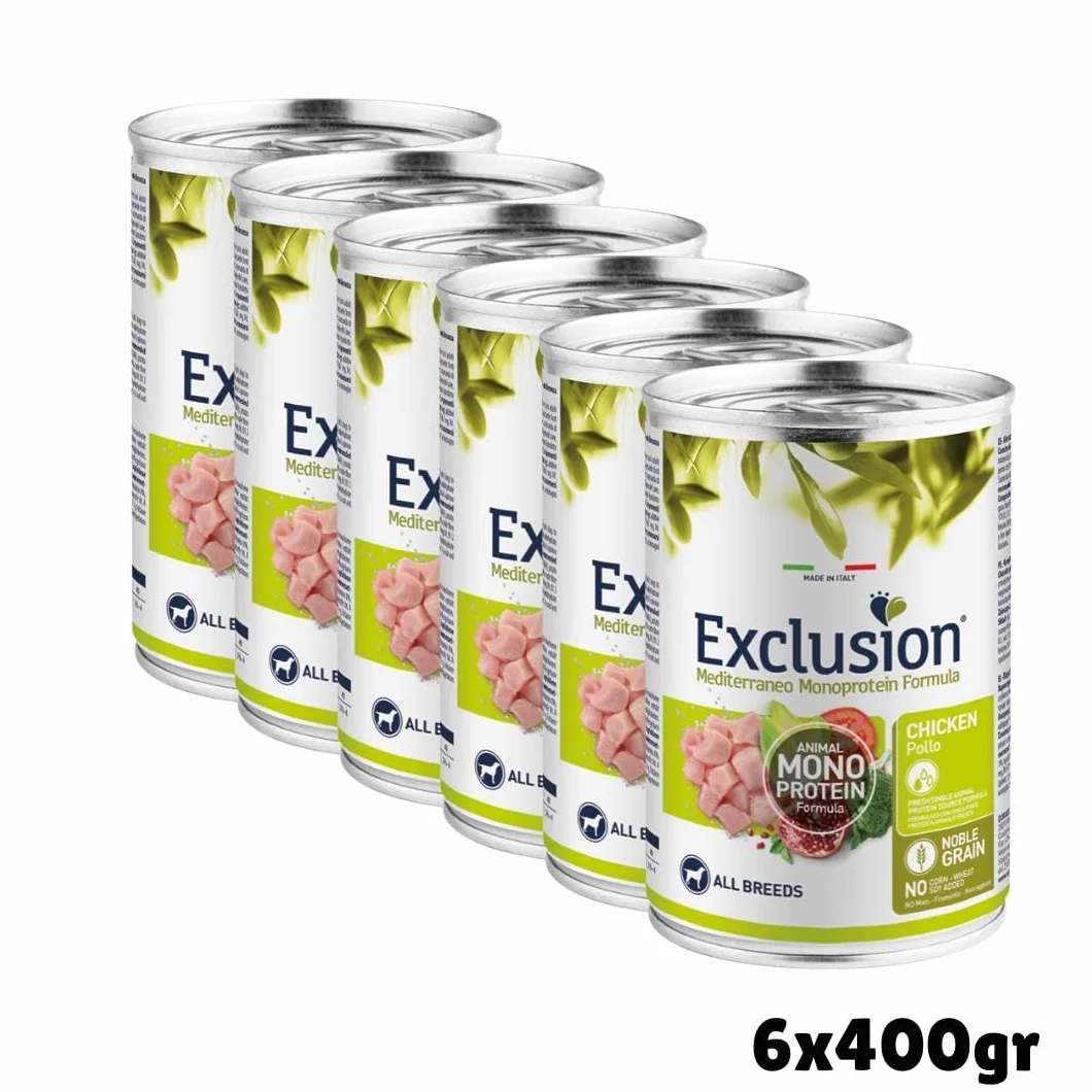 Exclusion Umido Cane Monoprotein Adult All Breeds Pollo, alimento completo per cani adulti di tutte le taglie, monoproteico, gusto POLLO | 6 scatolette da 400 grammi l'una.