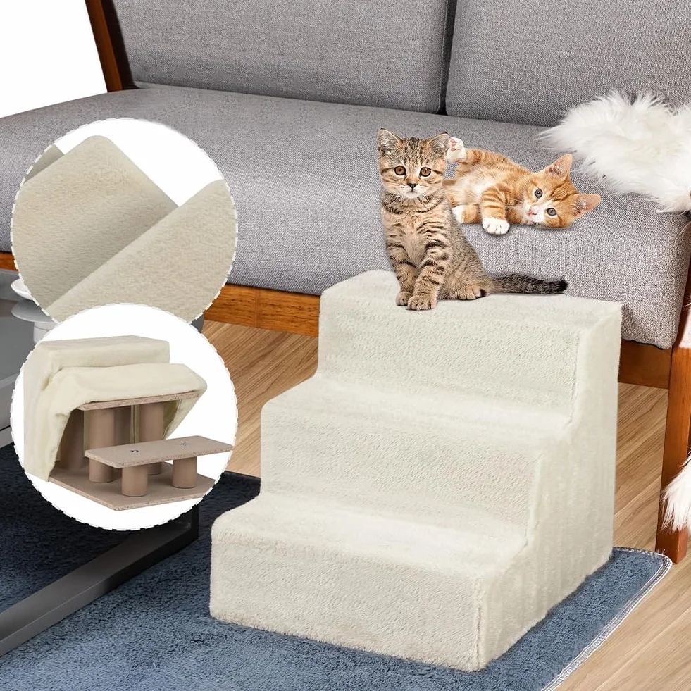 BAKAJI Scala per Animali Domestici con 3 Gradini, Rampa per Gatti e Cani Anziani, 45,5 x 36 x 34 cm, Beige