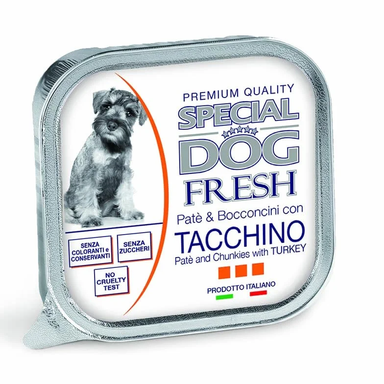 Monge Special Dog Fresh Paté e Bocconcini, umido senza coloranti,senza conservanti per cani di tutte le taglie gusto TACCHINO | 12 vaschette da 150 grammi l'una.
