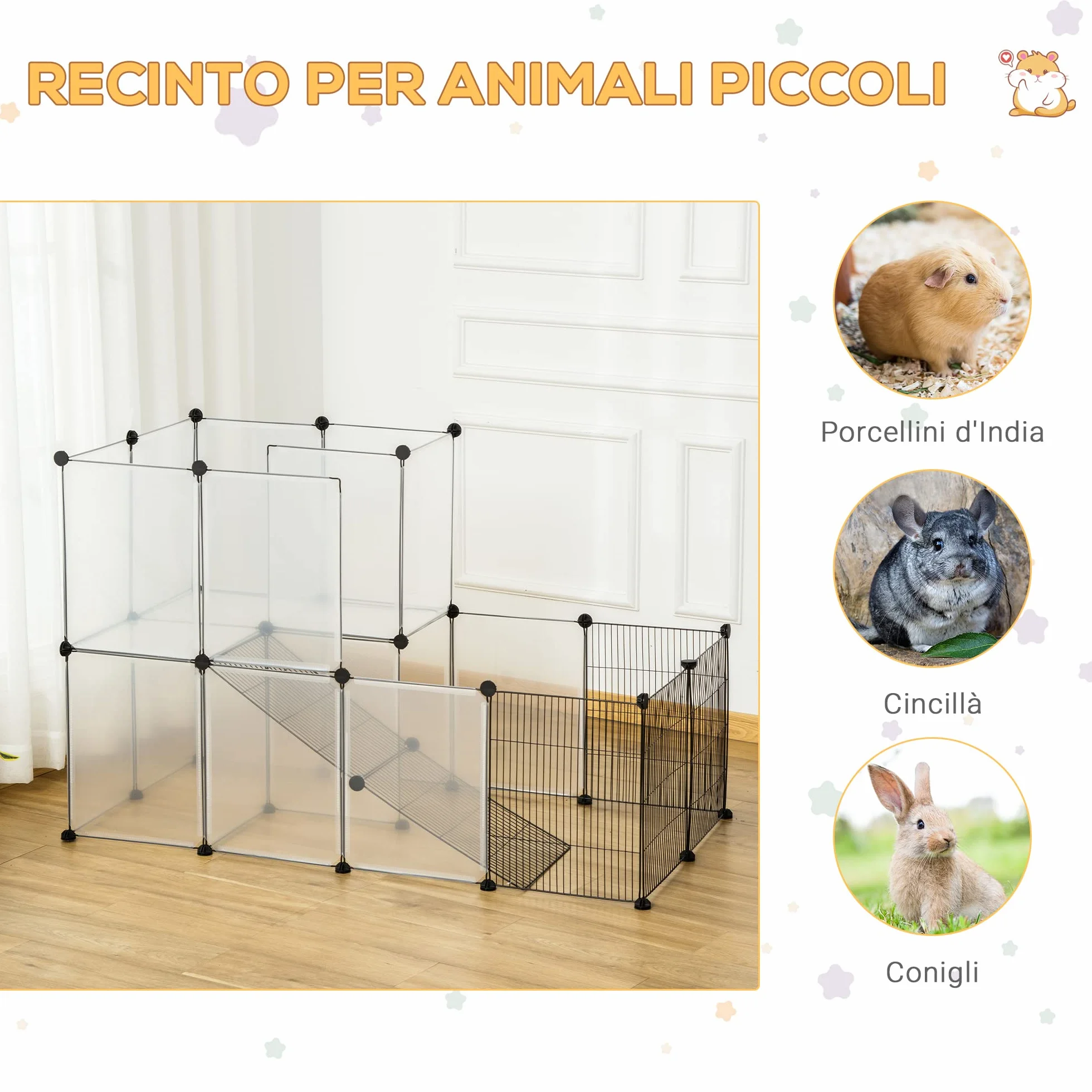 PawHut Recinto Modulare per Conigli, Cincillà e Porcellini d'India, Box per Animali di Piccole Dimensioni, 27 Pannelli Acciaio e Resina
