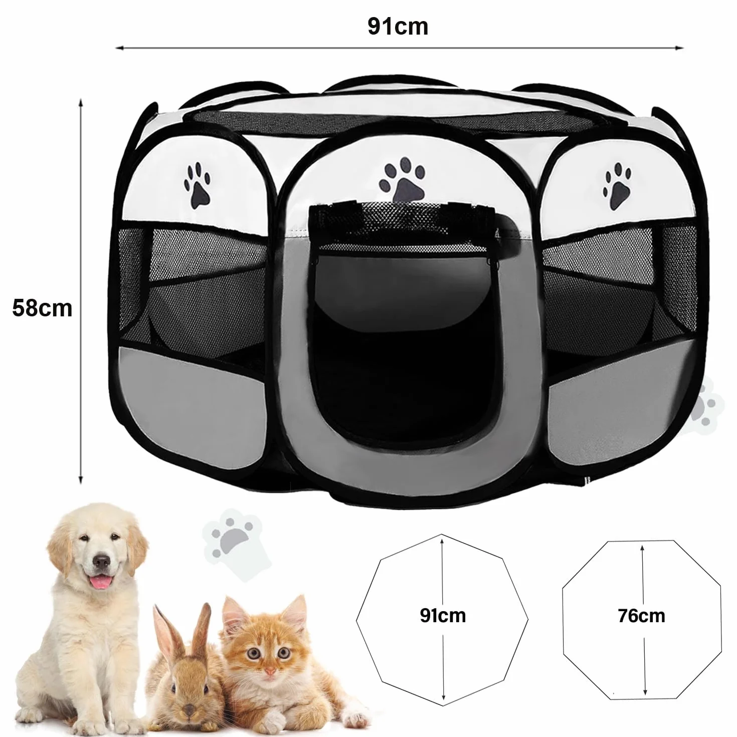 box per cuccioli, 91 x 91 x 58 cm, pieghevole, per casa, recinto per gatti, conigli, interni ed esterni, colore: grigio