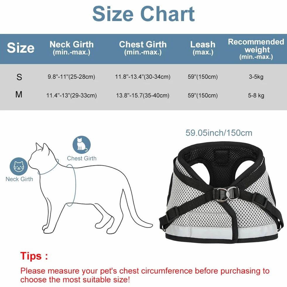 AUYAO Pettorina per Gatti– Set Antifuga Regolabile e Traspirante per Gatti Piccoli/Medi, Design Riflettente per Passeggiate Notturne, Comfortevole e Sicuro (Grigio-Nero, S)