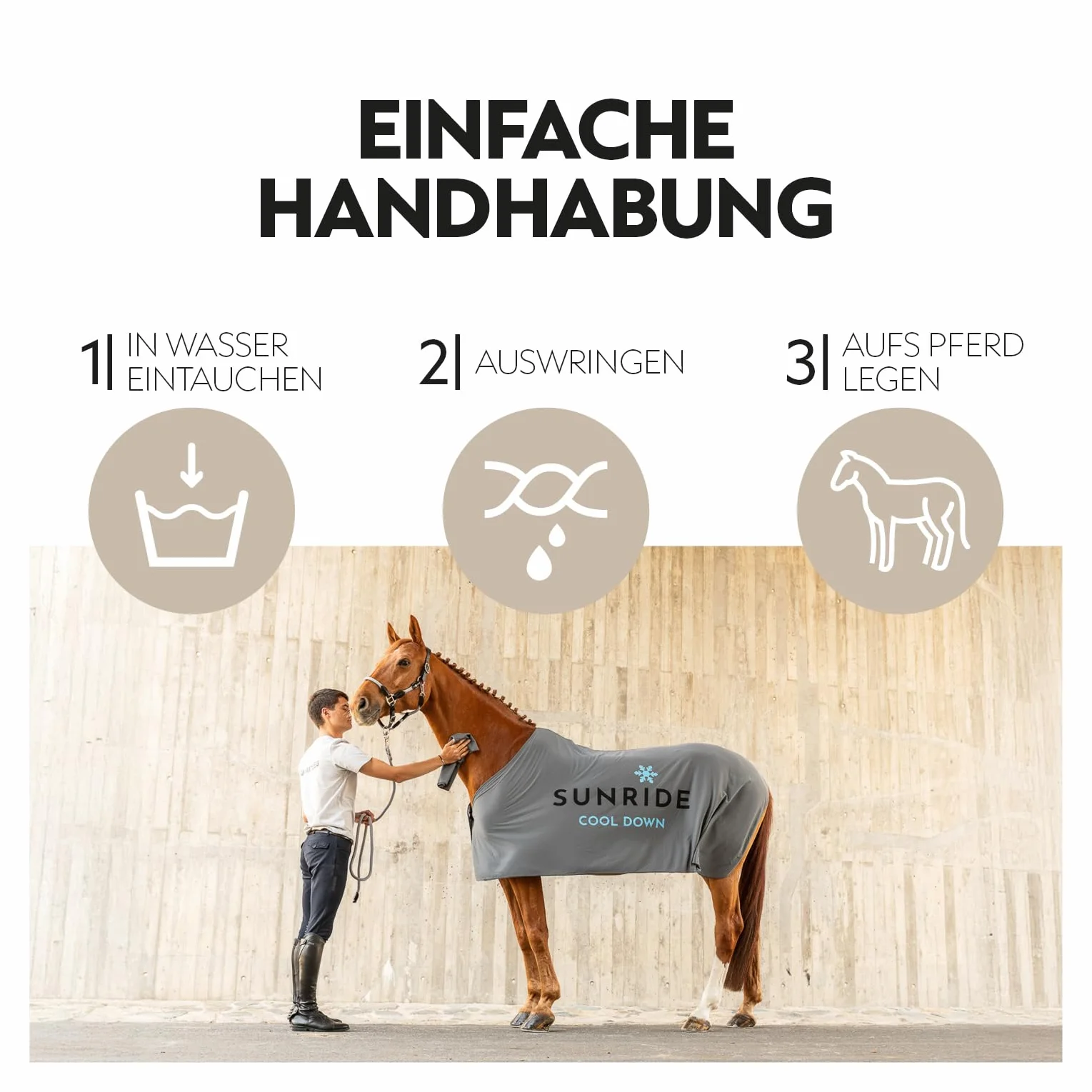 SUNRIDE Coperta rinfrescante per cavalli (Cool Down) (set da 3 pezzi) – con copricollo e panno – effetto rinfrescante immediato tramite raffreddamento evaporativo – sostenibile – grigio (145 cm)