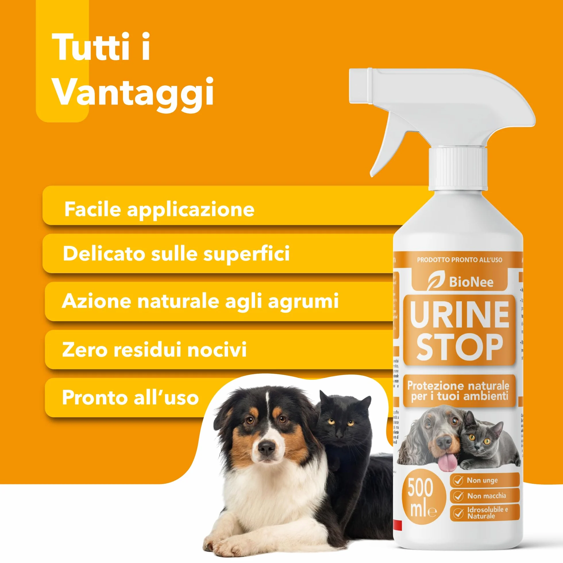 Bionee Urine Stop Spray Naturale per Cani e Gatti 500 ml – Doppia Azione: Disabituante agli Agrumi + Elimina Odori – Pronto all’Uso, Non Macchia, Sicuro per Ambienti Interni ed Esterni