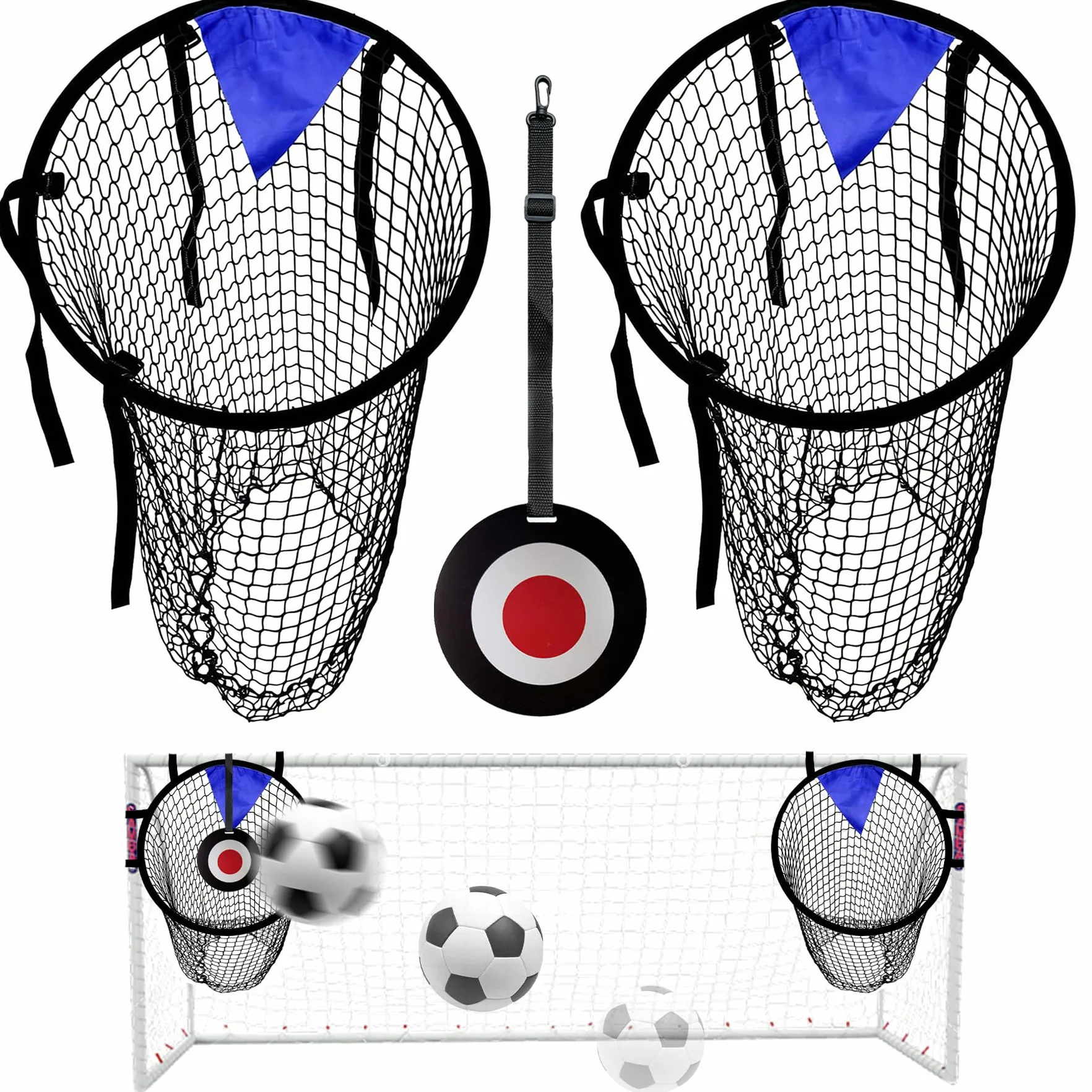 TZEKING Obiettivo da Calcio Rete, 2 Pezzi Porta da Calcio con Bersaglio Appeso, Top Bins Target per Allenamento di Precisione Tiro, Rete Calcio Pieghevole con Cinturini Regolabili per Bambini e Adulti