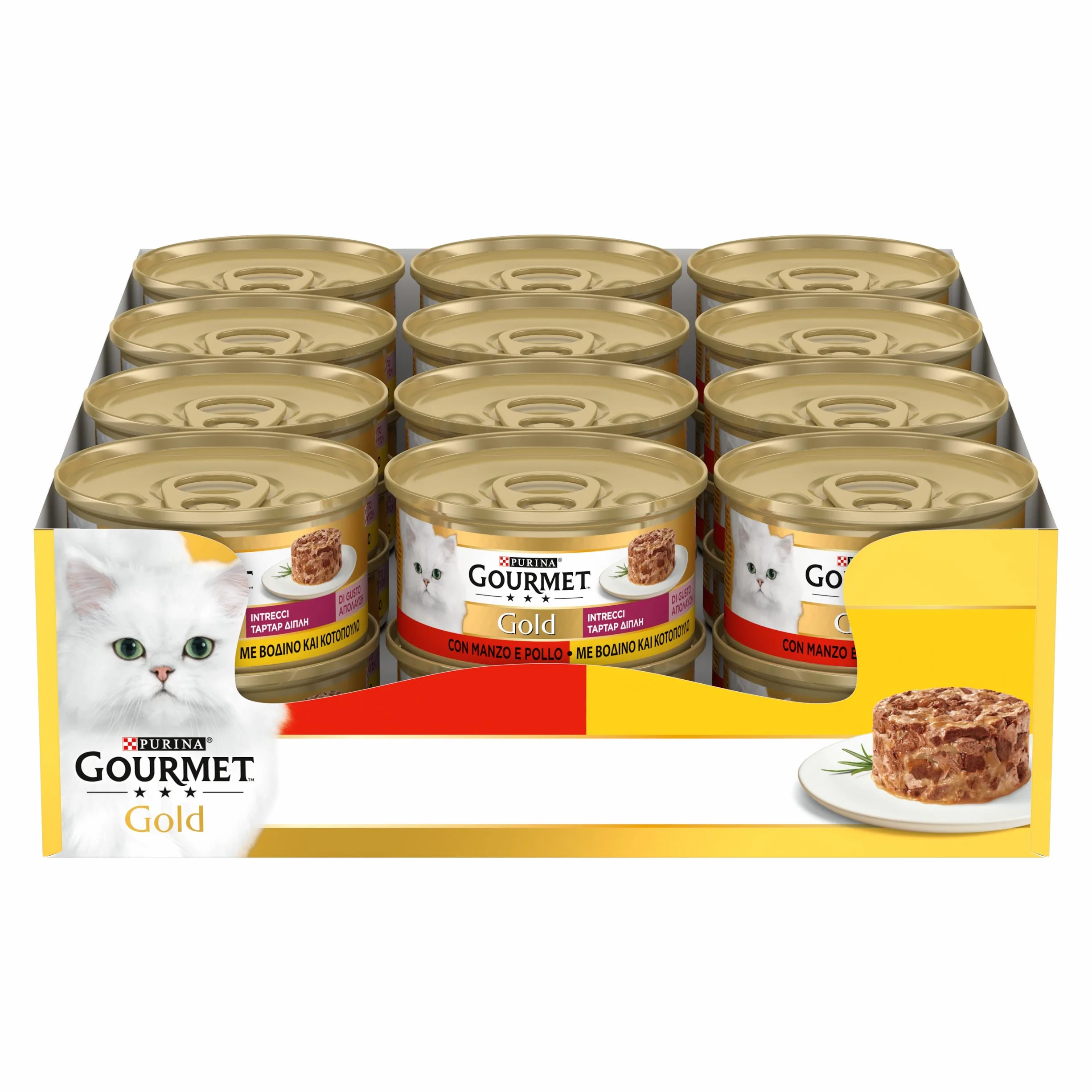 GOURMET Gold Intrecci - Cibo Umido per Gatti Adulti Bocconcini con Manzo e Pollo in Salsa - 24 Lattine da 85 g, Alimento Completo