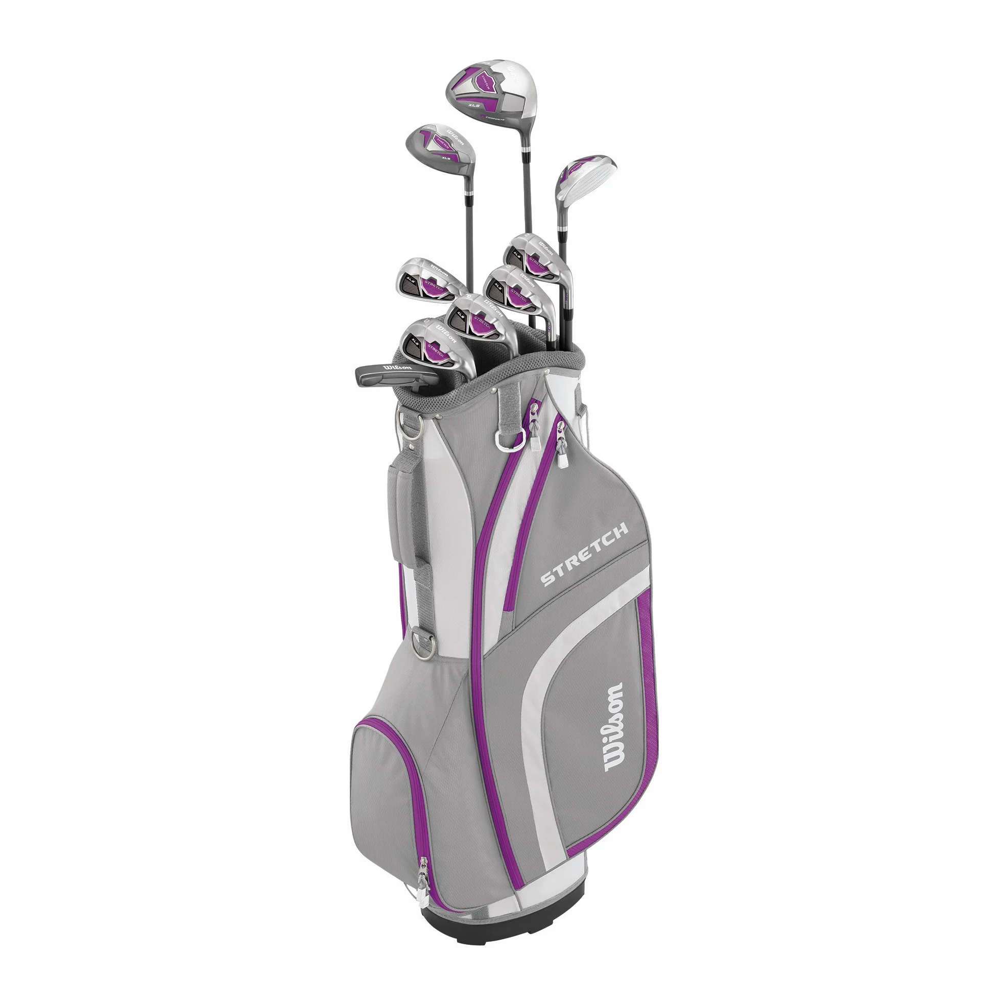 Wilson Set Completo per Principianti, 9 Mazze da Golf più Lunghe (1 Pollice in più) e Sacca con Carrello, Donne (Mano Destra) Stretch XL, Bianco/Grigio/Viola, WGG157555