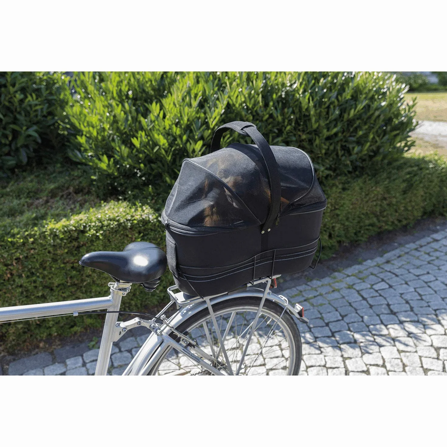 Trixie Cestino Bici Lungo per Cani – Portapacchi Posteriore – Fino a 8 kg – 29 × 49 × 60 cm – Telaio in Metallo Resistente con Imbottitura Morbida, Cinghia & Coperchio a Rete