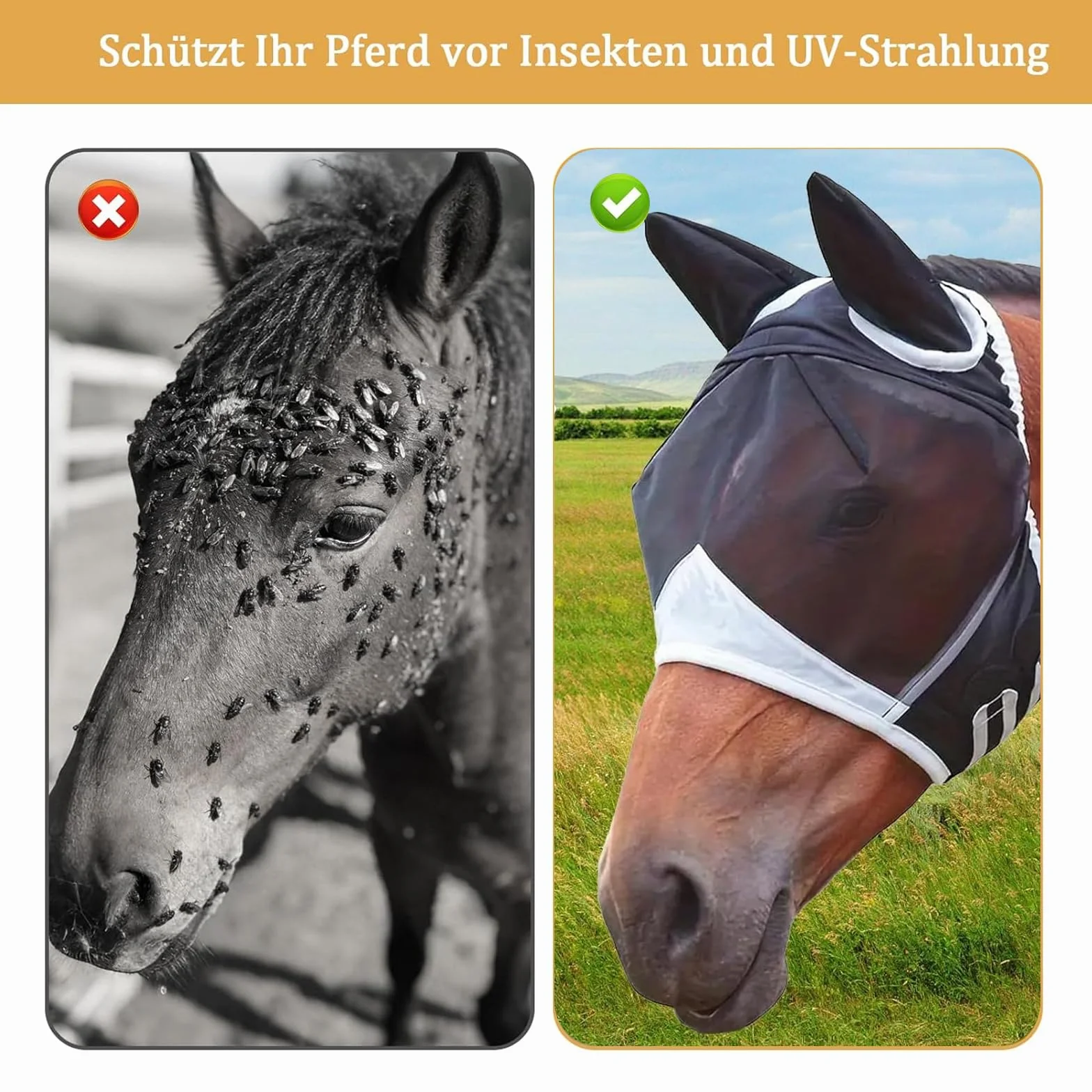 Maschera da mosche per cavallo, protezione UV, traspirante, per cavallo, sangue caldo, protezione contro mosche e raggi UV, per allenamento e uso quotidiano, maschera per mosche a lunga durata, taglia