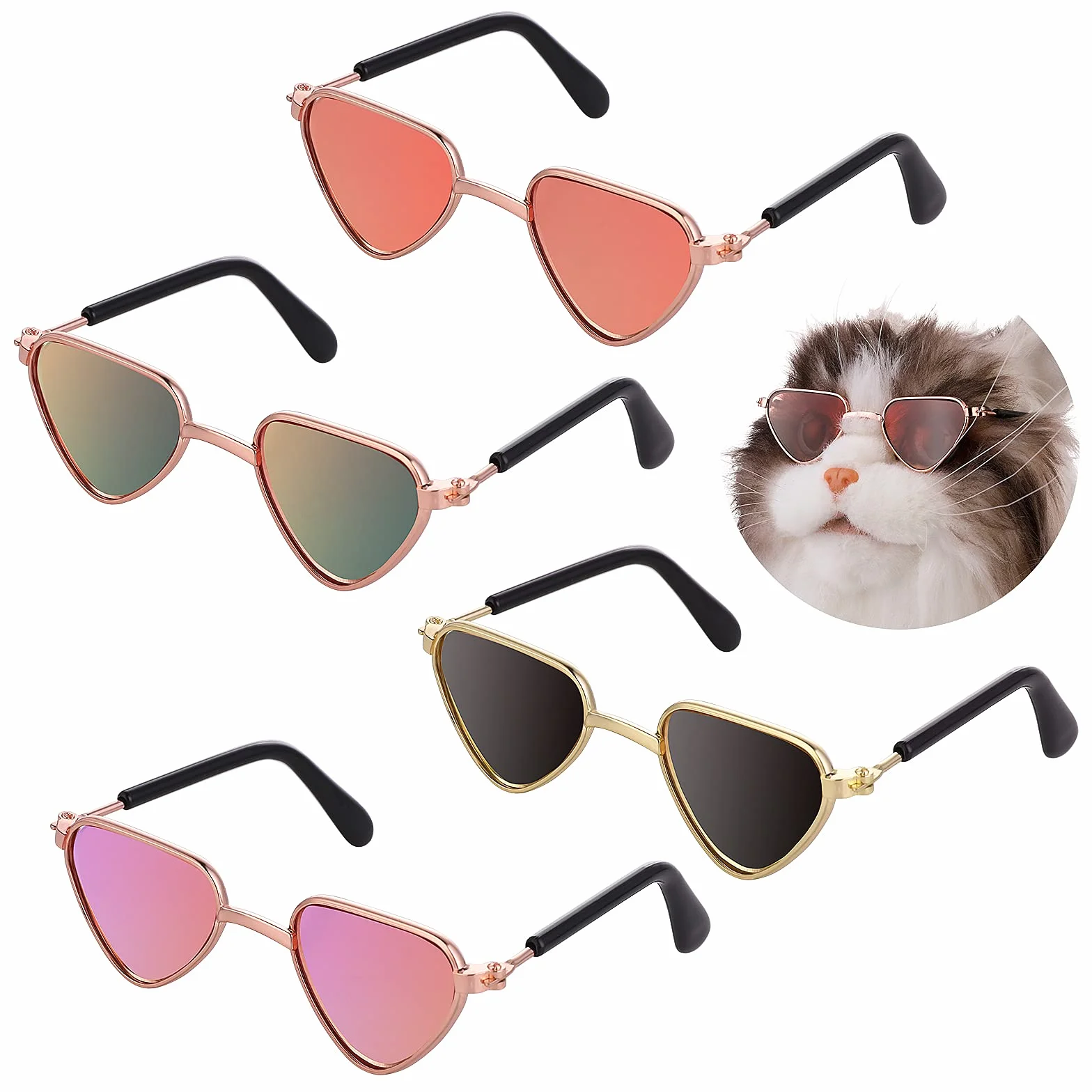 Molain Occhiali da sole per gatti, protezione dai raggi UV, stile classico retrò per cani bambole occhiali da sole rotondi cosplay simpatici sole (4 pezzi cuore)