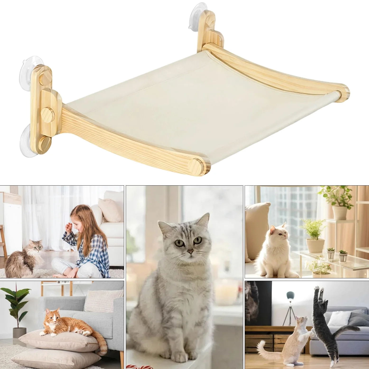 Posatoio per Gatti da Finestra Postazione da Interno con Ventose | Cuccia in Legno Rimovibile per Per Angolo Casa Appartamento Soggiorno Camera Da