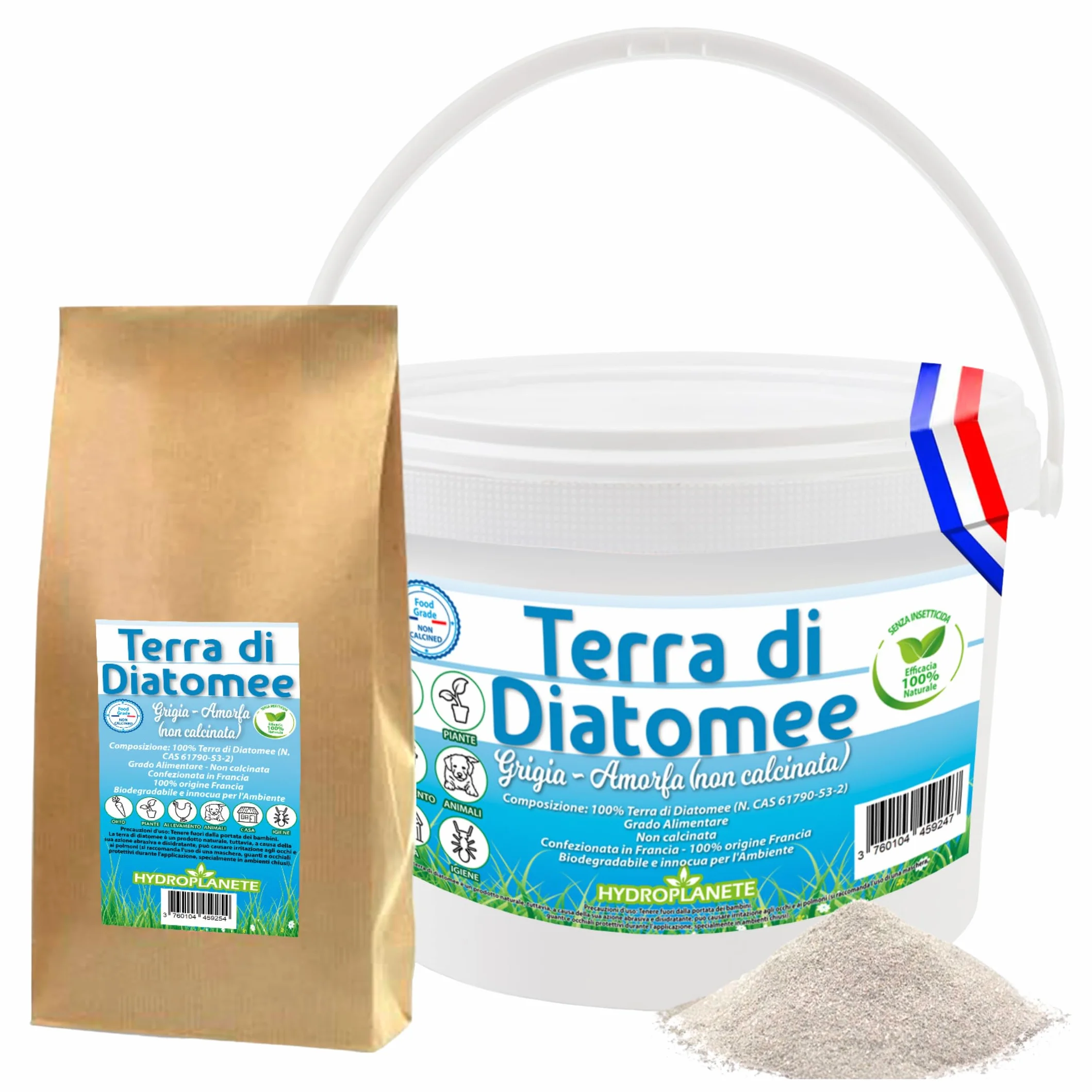 Terra di diatomee grigia multiuso | Polvere alimentare e igiene animale | Senza additivi e 100% naturale | Prodotto in Francia | Disponibile da 350 g a 25 kg | Hydroplanete (3 kg)