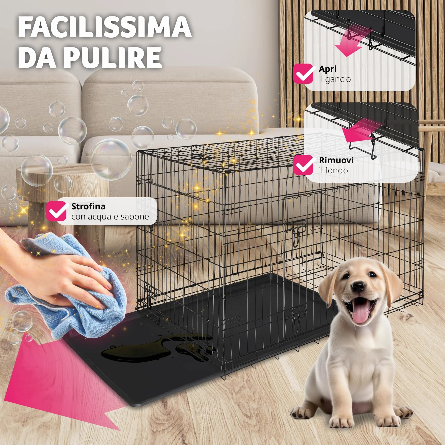 tectake® Trasportino Auto per Cani Spazioso, 78x48x52,5cm, Gabbia per cani con Griglia in Acciaio Robusta, per Gatti, Pieghevole, 2 Porte, Doppia Chiusura, Vasca Rimovibile, 2 Maniglie per Trasporto