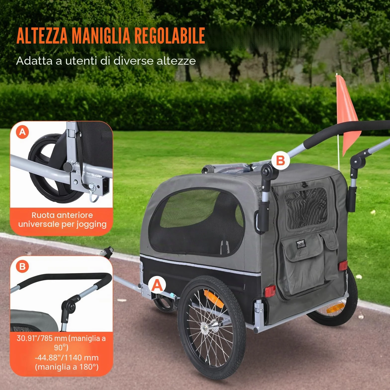 VEVOR Rimorchio per cani 2 in 1 per bicicletta in acciaio al carbonio + tessuto Oxford 600D + PP pieghevole per cani