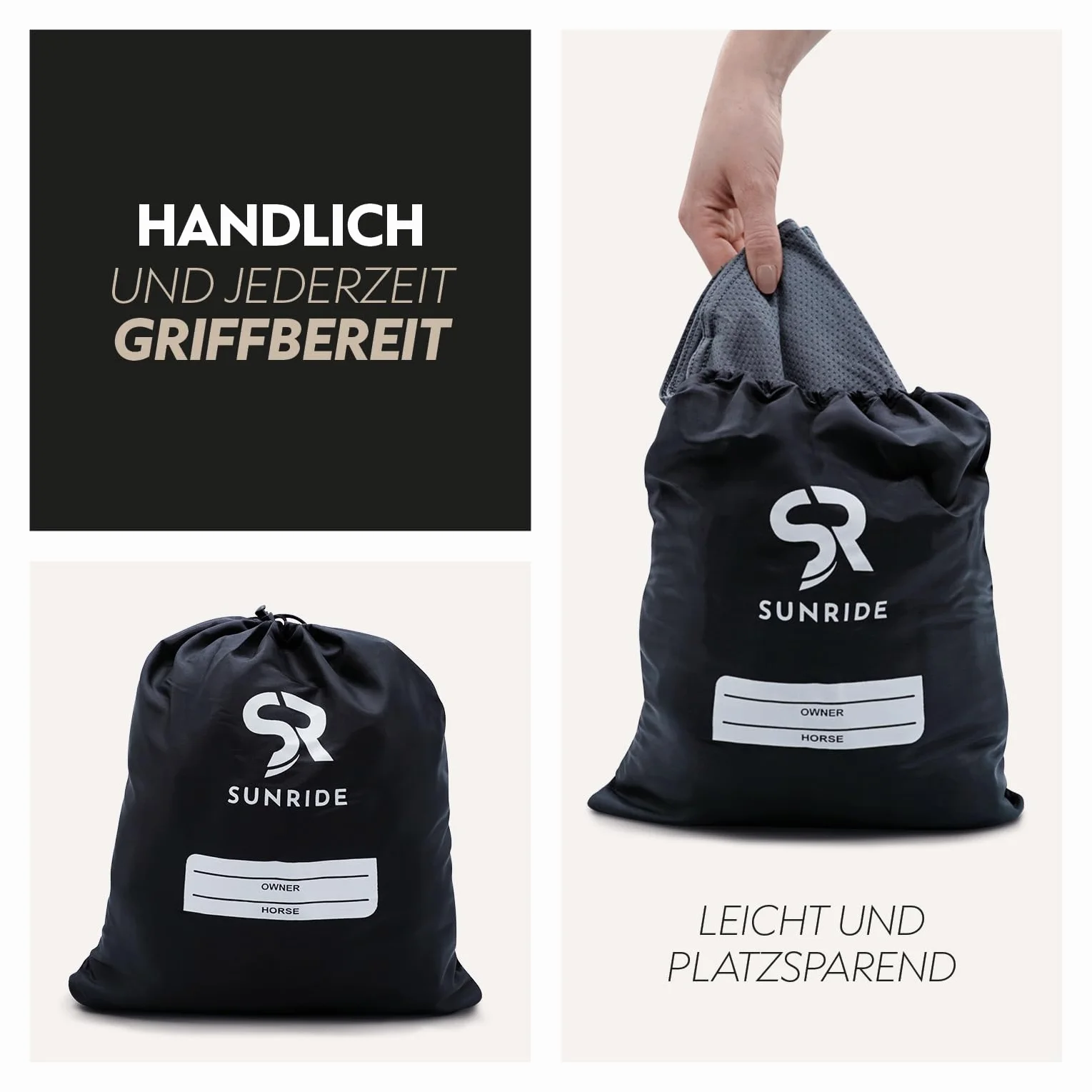 SUNRIDE Coperta rinfrescante per cavalli (Cool Down) (set da 3 pezzi) – con copricollo e panno – effetto rinfrescante immediato tramite raffreddamento evaporativo – sostenibile – grigio (145 cm)